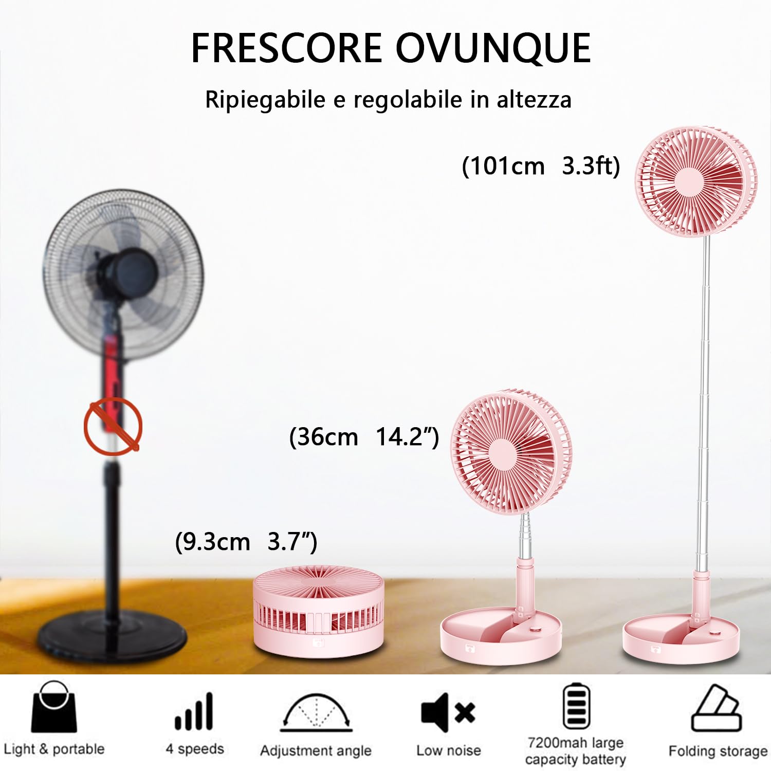 Unitedtime, ventilatore da tavolo e da tavolo, ventilatore portatile da viaggio, alimentato a batteria o USB, regolabile in altezza, pieghevole, con telecomando e timer, 4 impostazioni di velocità