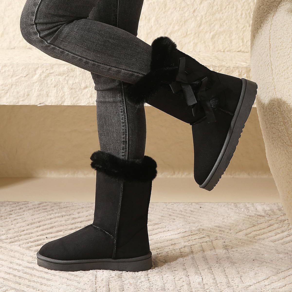 LNERIP Womens Snow Boots Mini Platform Boot Short Ankle Boots Thickened Flat Boot Fur Fleece Lined Slide Sandals Warm Durable Anti-Slip House Shoes for Outdoor