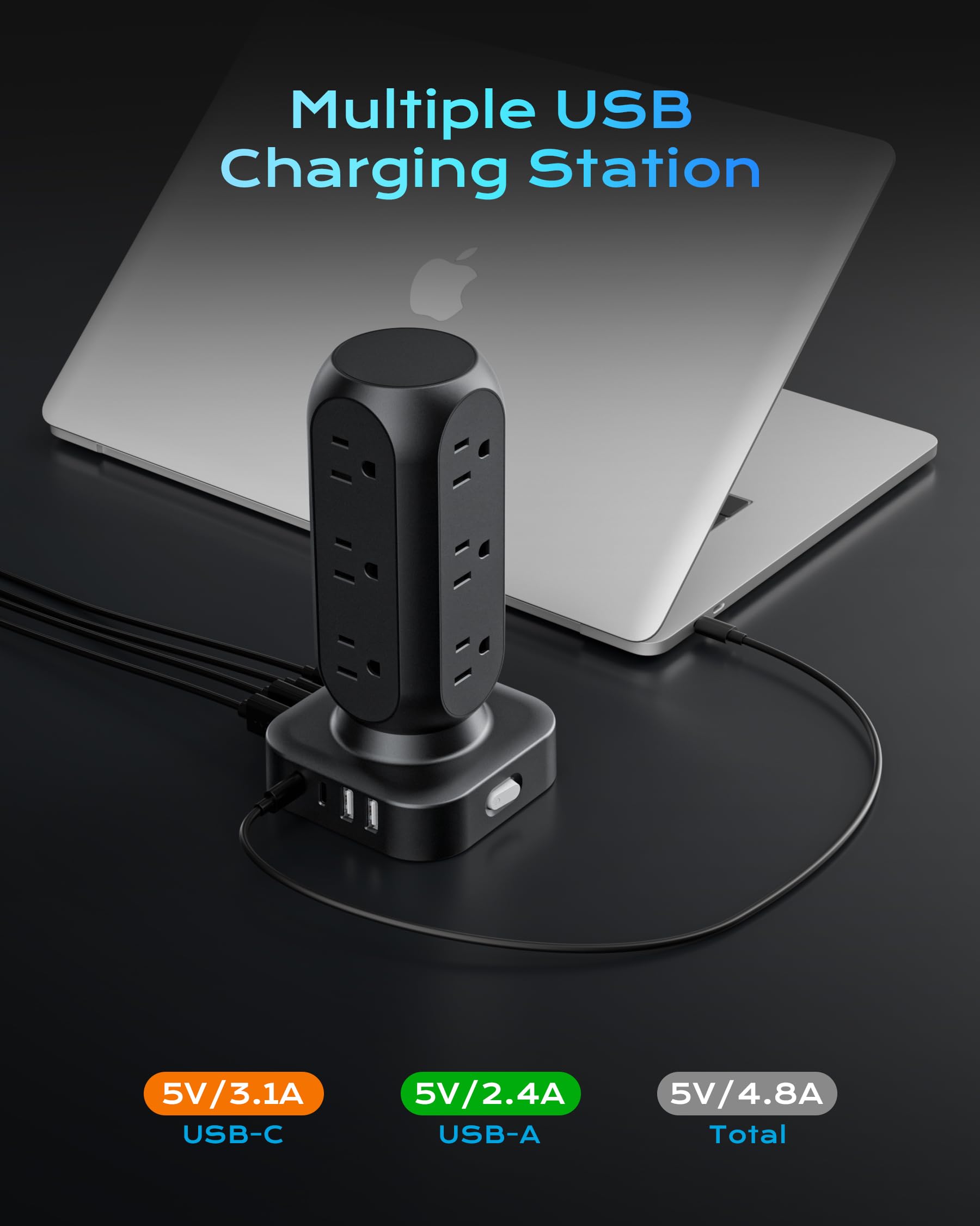 Protector de sobretensiones de torre, 12 salidas de CA y 8 puertos USB, cable de extensión de enchufe plano de 5 pies con múltiples tomas, extensor de salida de 24 W, protección contra sobrecarga para