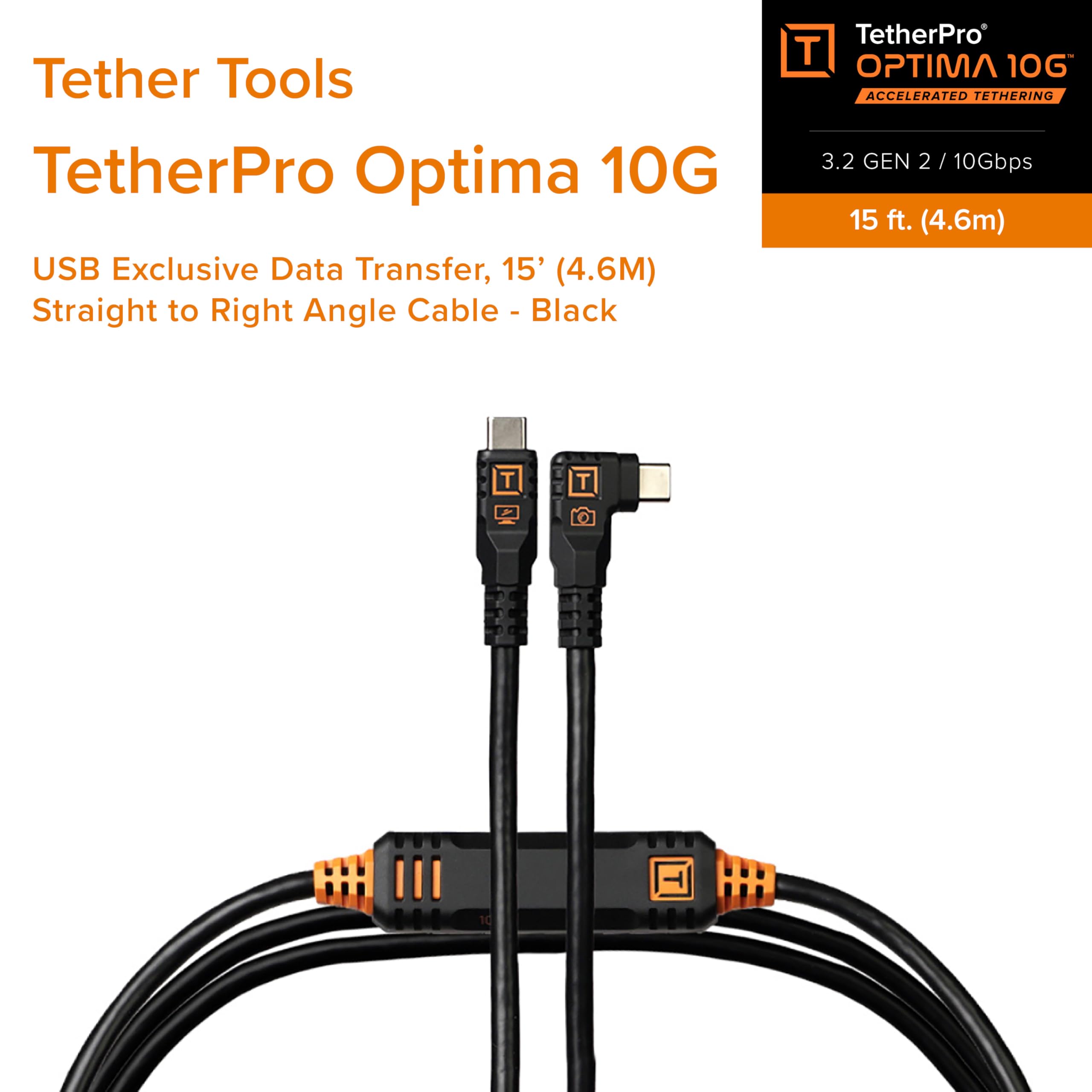 Tether Tools TetherPro Optima Kabel do transferu danych USB 10 G 4,6 m Prawy do kąta prostego Czarny