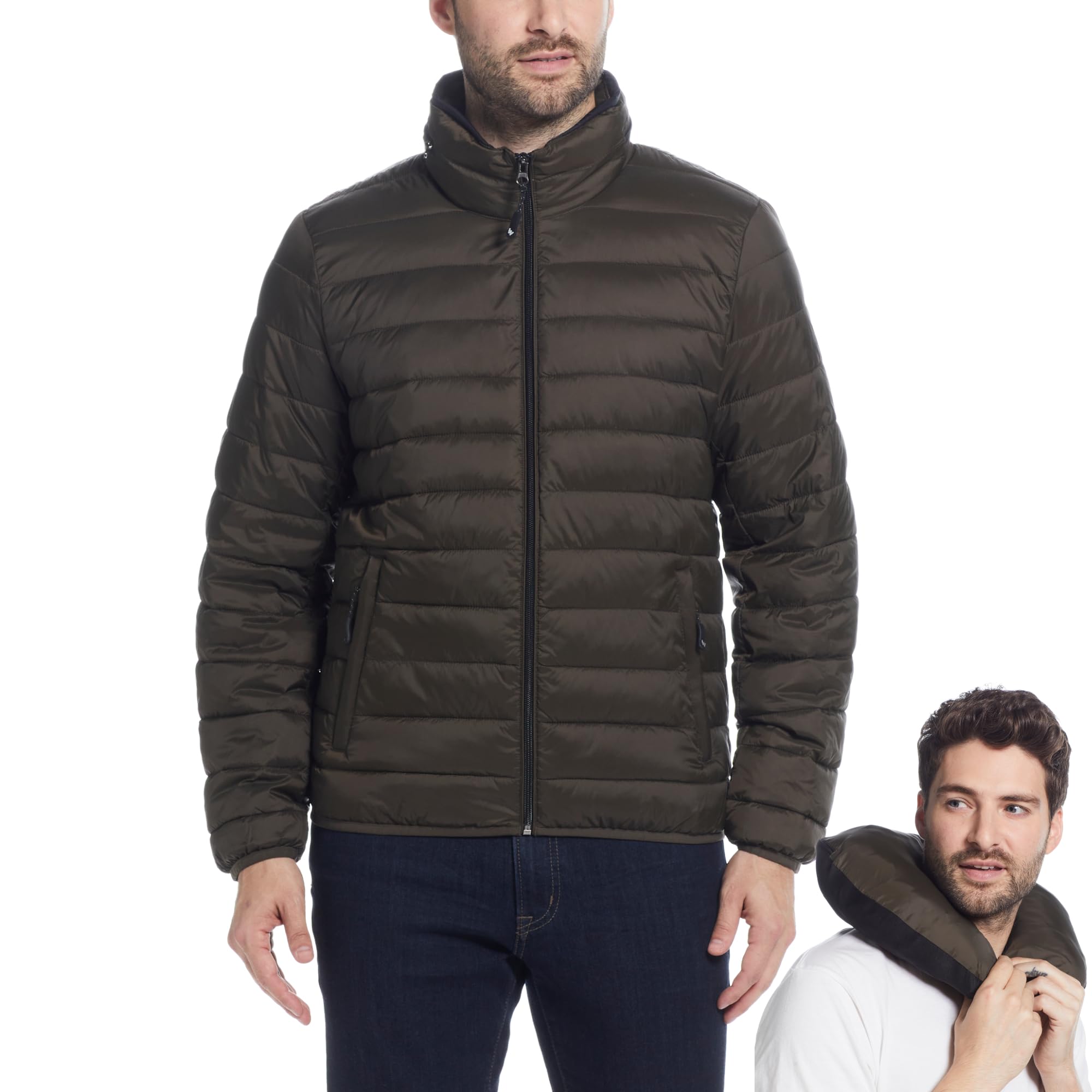 Mens Puffer Jackets - Packable Travel Neck Pillow Alternative Down Puffer Jacket Men (S-3XL)