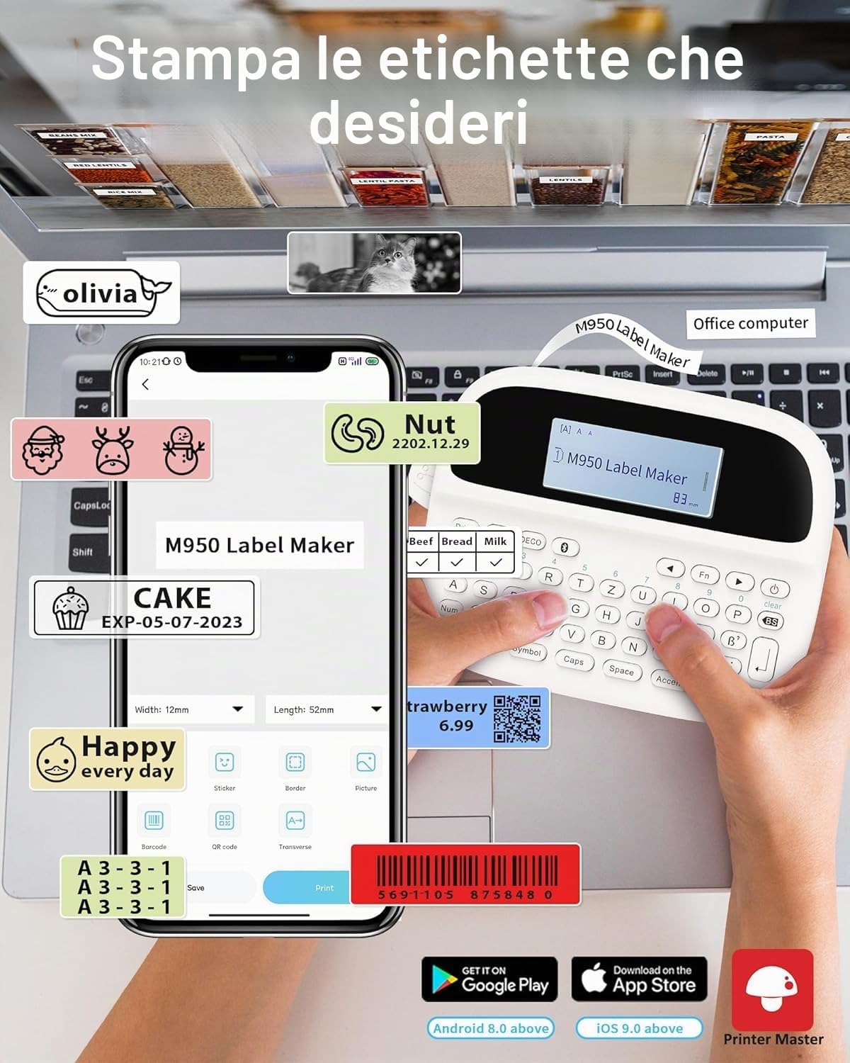 Stampante Etichette Adesive, Etichettatrice Etichette Adesive Portatile, Macchina da Scrivere con Tastiera QWERTZ, M950 Stampanti con Etichette, Stampante per Adesivi per Casa Ufficio Scuola