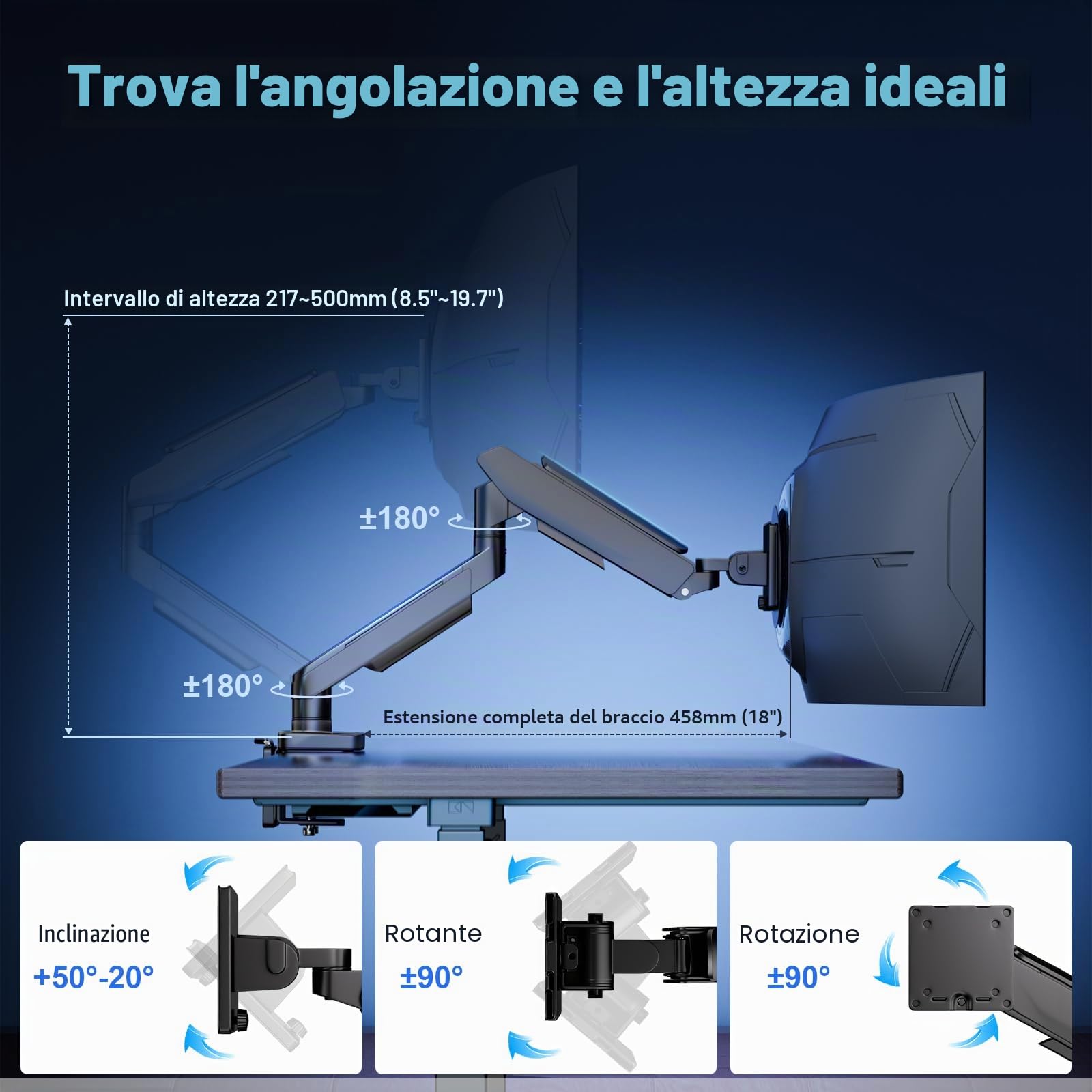 Supporto per monitor piatto e curvo da 17 – 49 pollici, robusto supporto per monitor a molla a gas regolabile in altezza con inclinazioni, maggiore capacità di carico di 2 – 20 kg, VESA