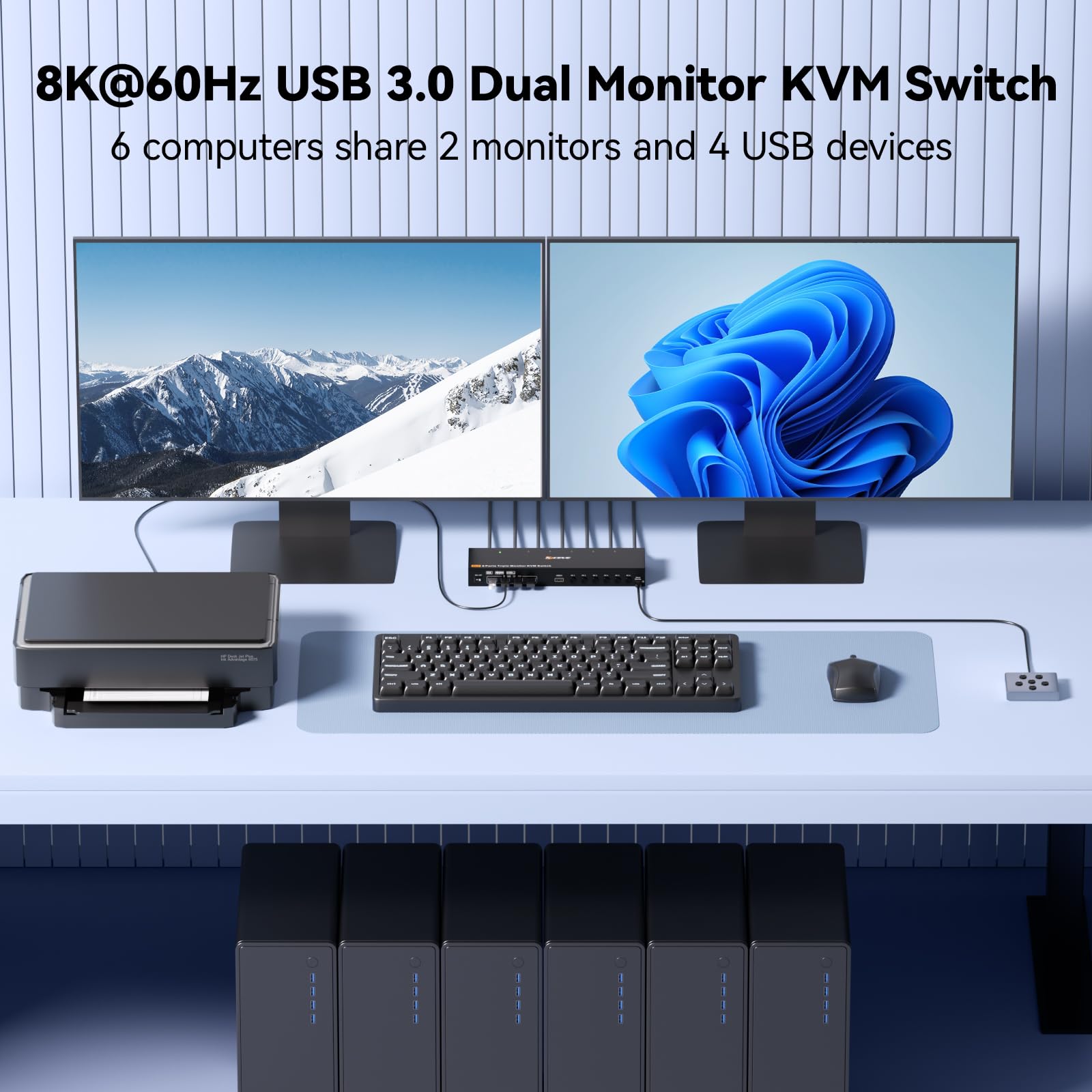 KVM Switch 2 monitory, 6 komputerów HDMI + DisplayPort, 8K 30 Hz / 4K 144 Hz Dual Monitor KVM przełącznik do 6 komputerów, 2 wyświetlacze i urządzenia USB 3.0
