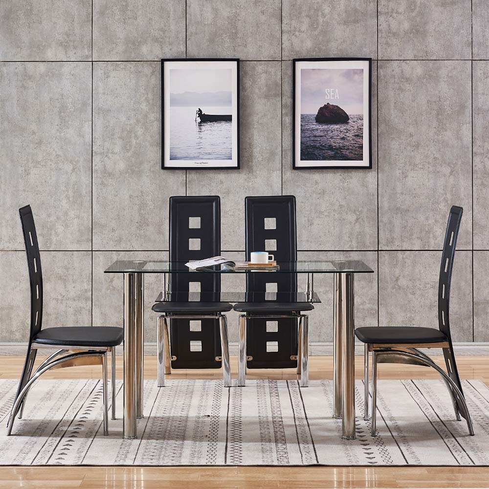 QIHANGUK Glass Dining Table and 4 Chairs Modern Rectangular Dining