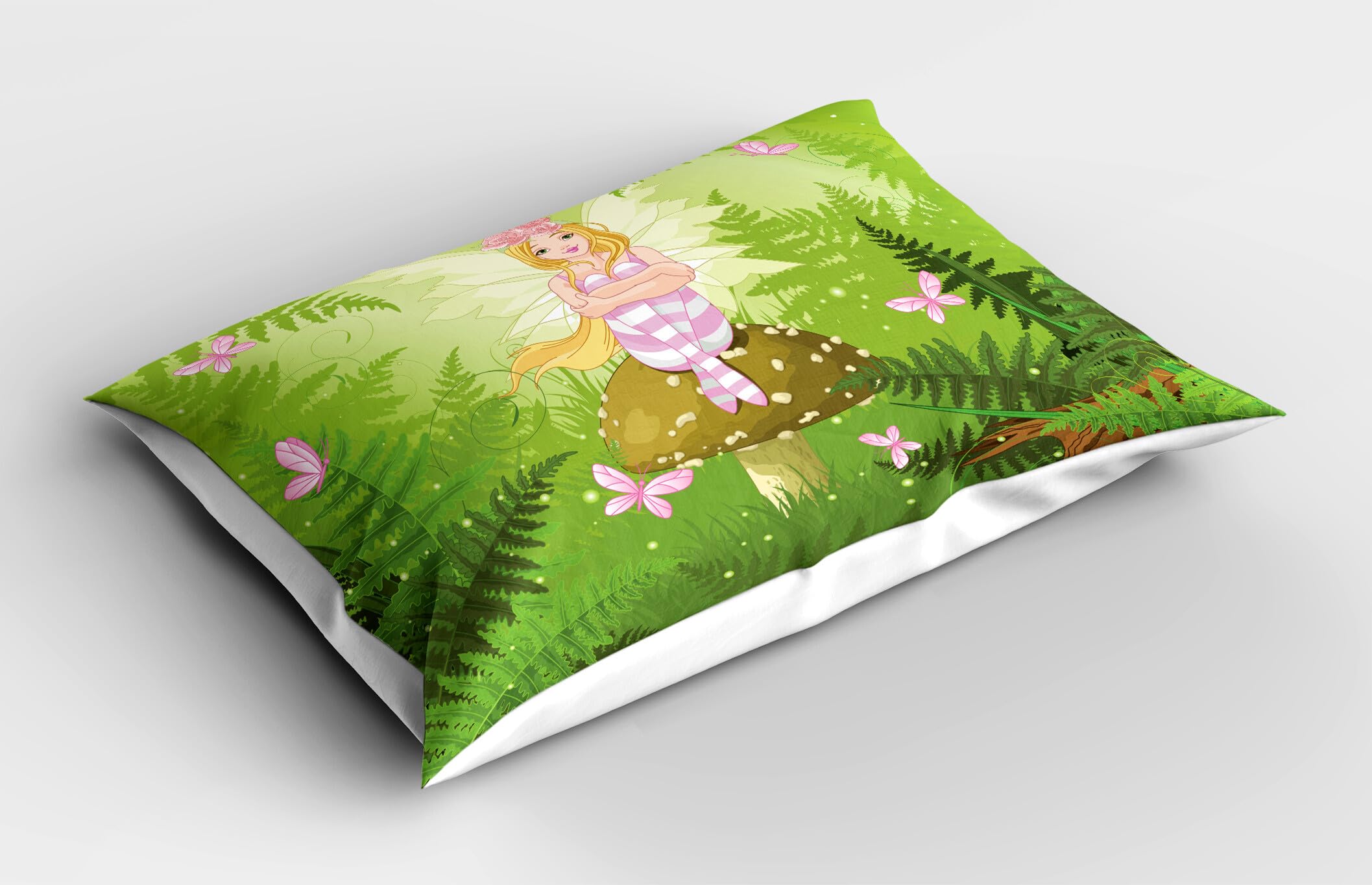 Ambesonne Cartoon Pillow Sham Set of 2, Dreamy Scenario Woods with Wingy Character and Greenery Leaves Butterfly, Quality Microfiber Bedding Item for All Seasons, 26