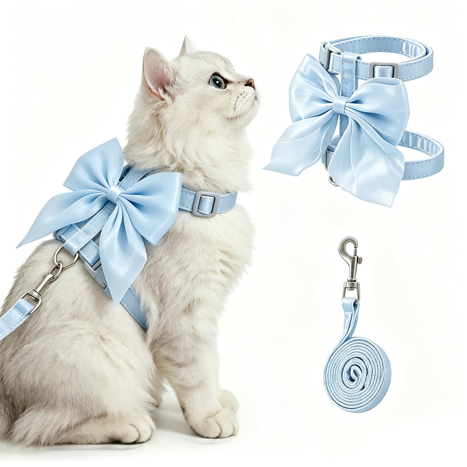 Buhazuqy Cute Bow Cat Harness Escape Proof Kitten Harness and Leash with Adjustable Vest Small Cat Outdoor Walking Harness for Small Dogs Cats Rabbits (Blue, S)