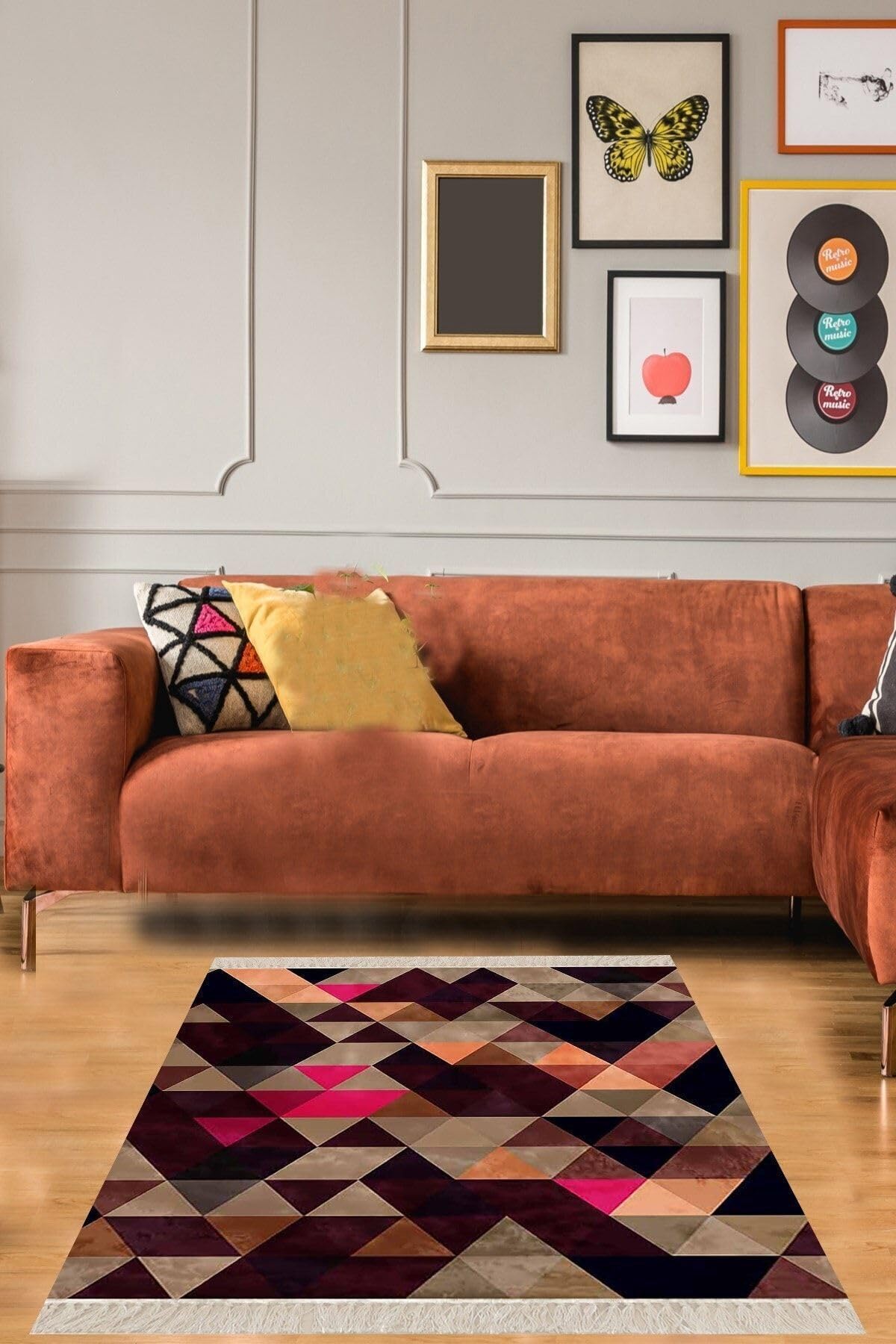 Pelangi Geometrik Üçgen Desenli Dijital Baskı Yıkanabilir Kaymaz Taban Modern Salon Halısı ve Yolluk, Kahverengi 130 x 180