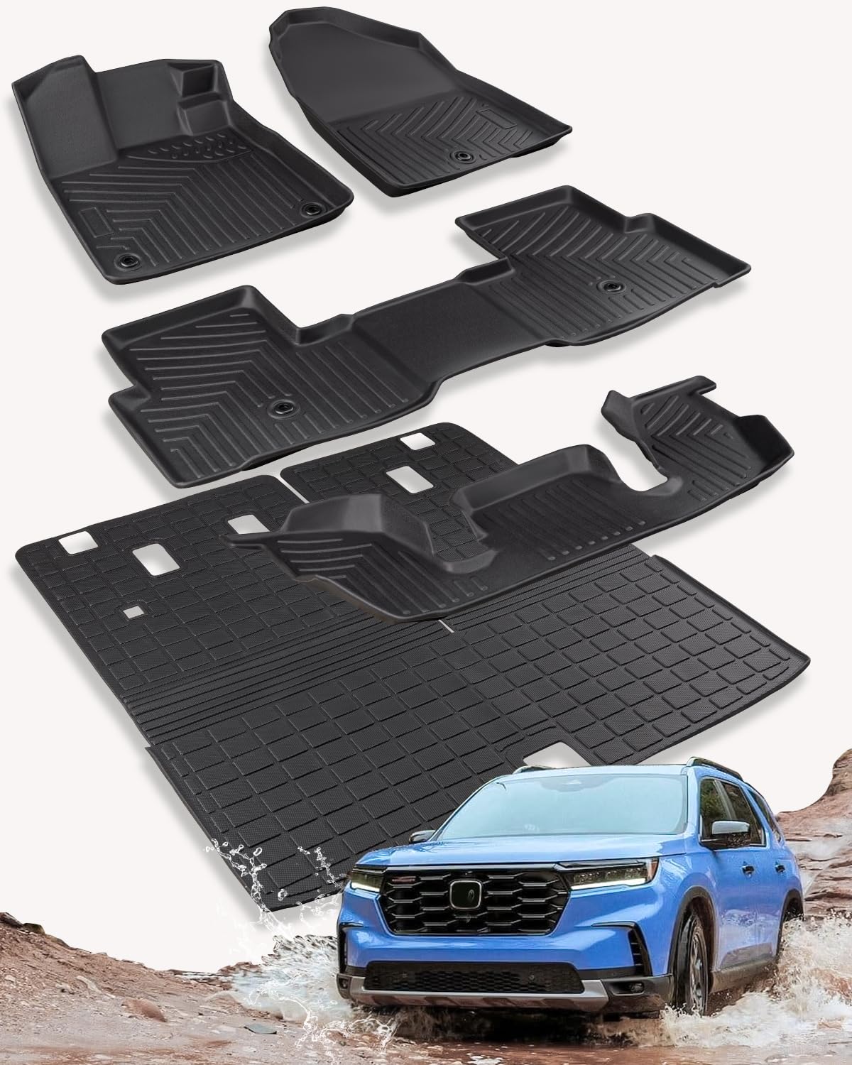 for Honda Pilot Floor Mats & Cargo Liner Back Seat Cover Protector 2023 2024 2025(5 Pcs/Set), All Weather Waterproof Floor Mats & Trunk Interior with Backrest Mat for Honda Pilot Accessories