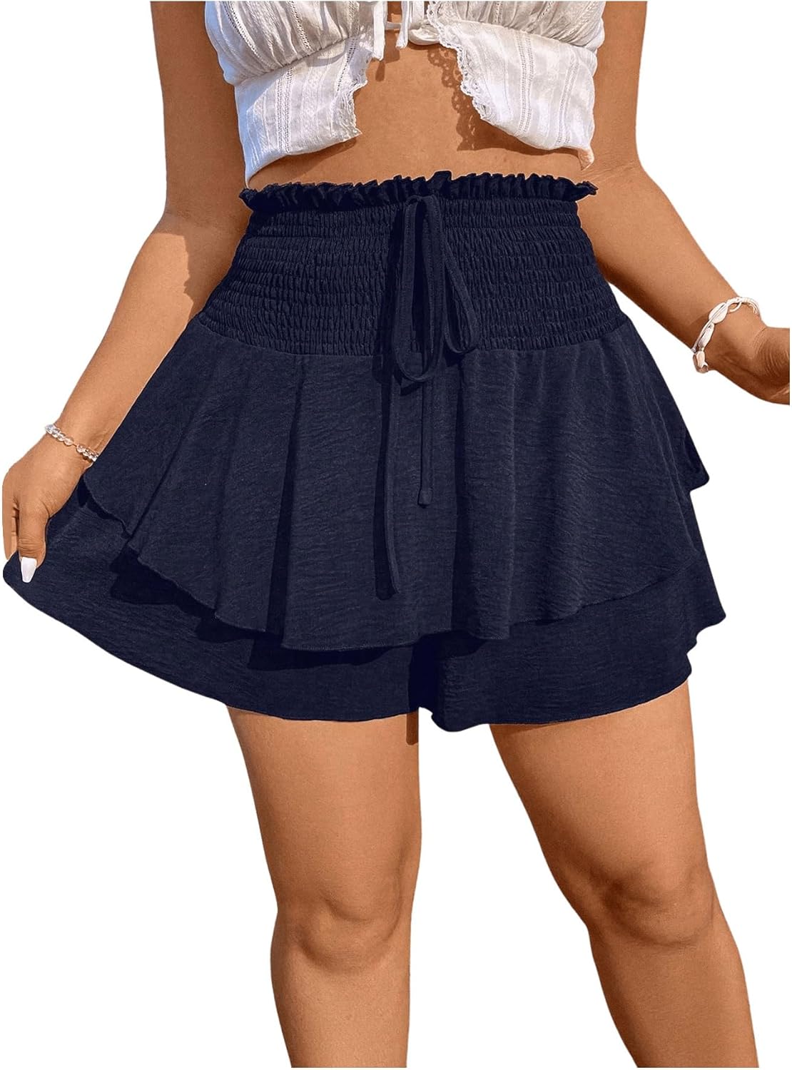 OYOANGLE Women's Plus Size Smocked Tiered Ruffle Flowy Shorts Drawstring Elastic Waist Wide Leg Shorts