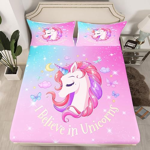 Sábana bajera ajustable de unicornio para niñas y niños pequeños, ropa de cama Kawaii de unicornio, sábanas de unicornio rosa mariposa, sábanas de