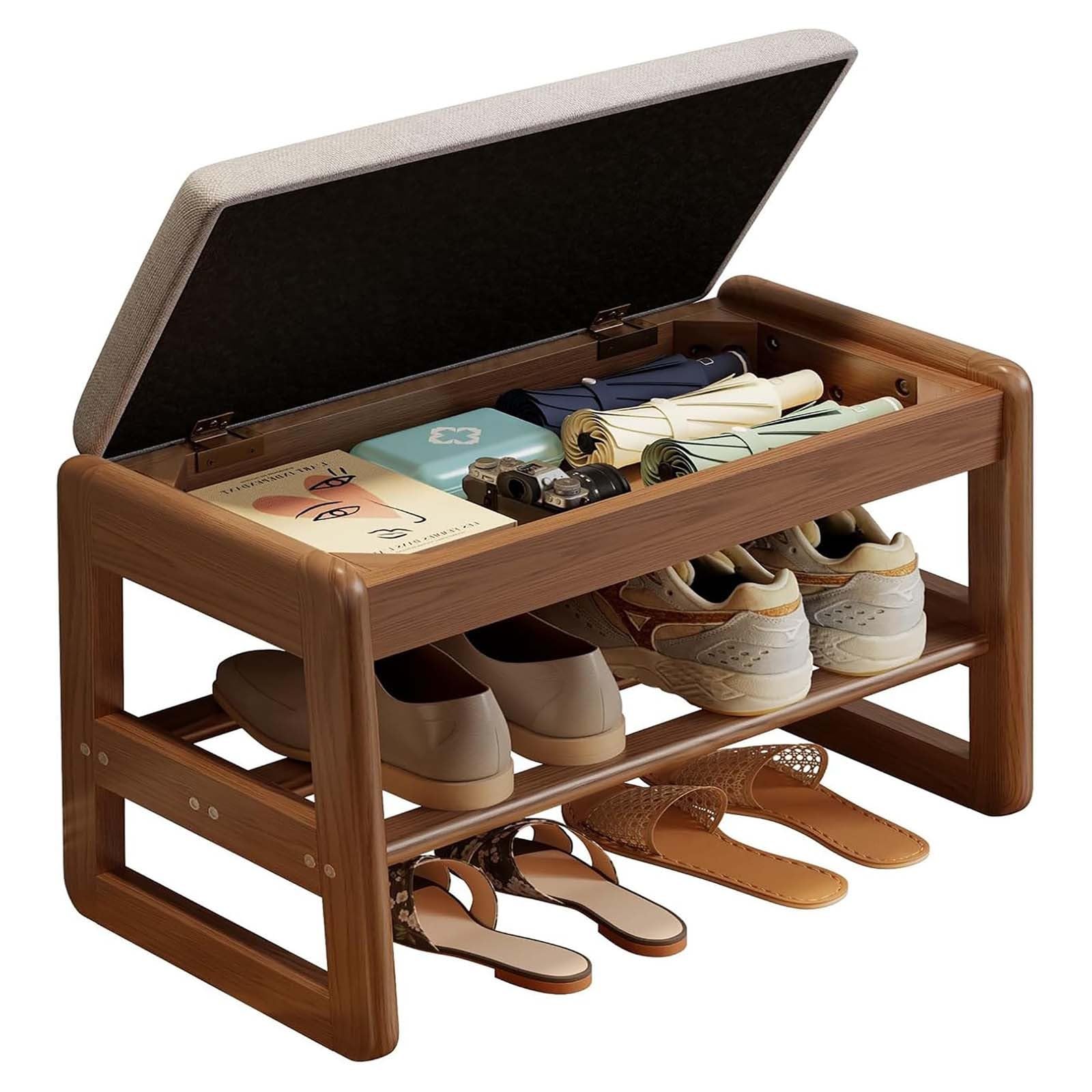 GAOCUNBING Small Shoe Bench with Cushion, 2 Tiers Shoe Rack Bench, Easy to Assemble with Flip-Open Storage Box, Dirt-Resistant Seat Entryway Bench for Entryway Walnut,80cm