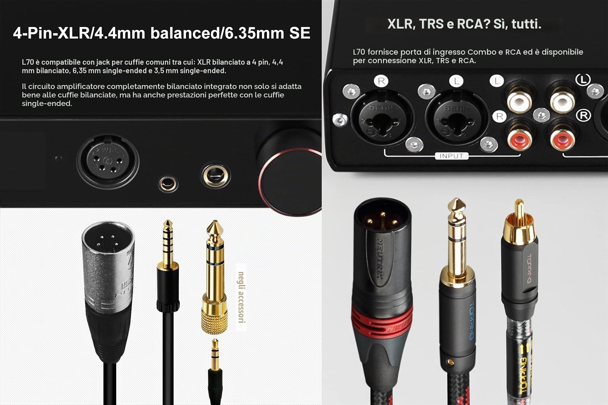 Topping L70 Amplificatore per cuffie NFCA completamente simmetrico - XLR/4,4 mm bilanciato/6,35 mm SE cuffie amplificatore 7500 mW x 2 uscite R2R controllo volume preamplificatore argento