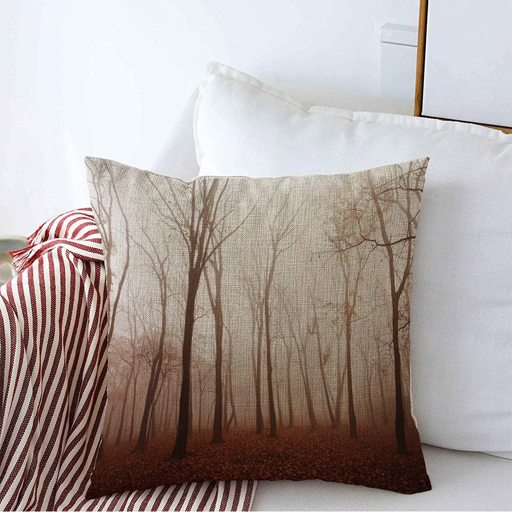 Farmhouse Decorative Square Throw Pillow Cover Linen Park Thicket Smok Taiga in Outdoor Mist Season Trees Haze Thick Fog Forest Fall Nature Beautiful Cushion Case for Sofa Car Bedroom 18 x 18 Inch