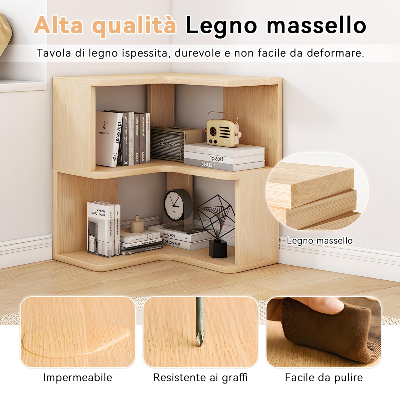 3 livelli Libreria Angolare, Libreria d'angolo, Legno libreria a L, Libreria da Parete, Risparmia Spazio, Scaffale Angolare per soggiorno, camera da letto, ufficio, studio, Colore del Legno