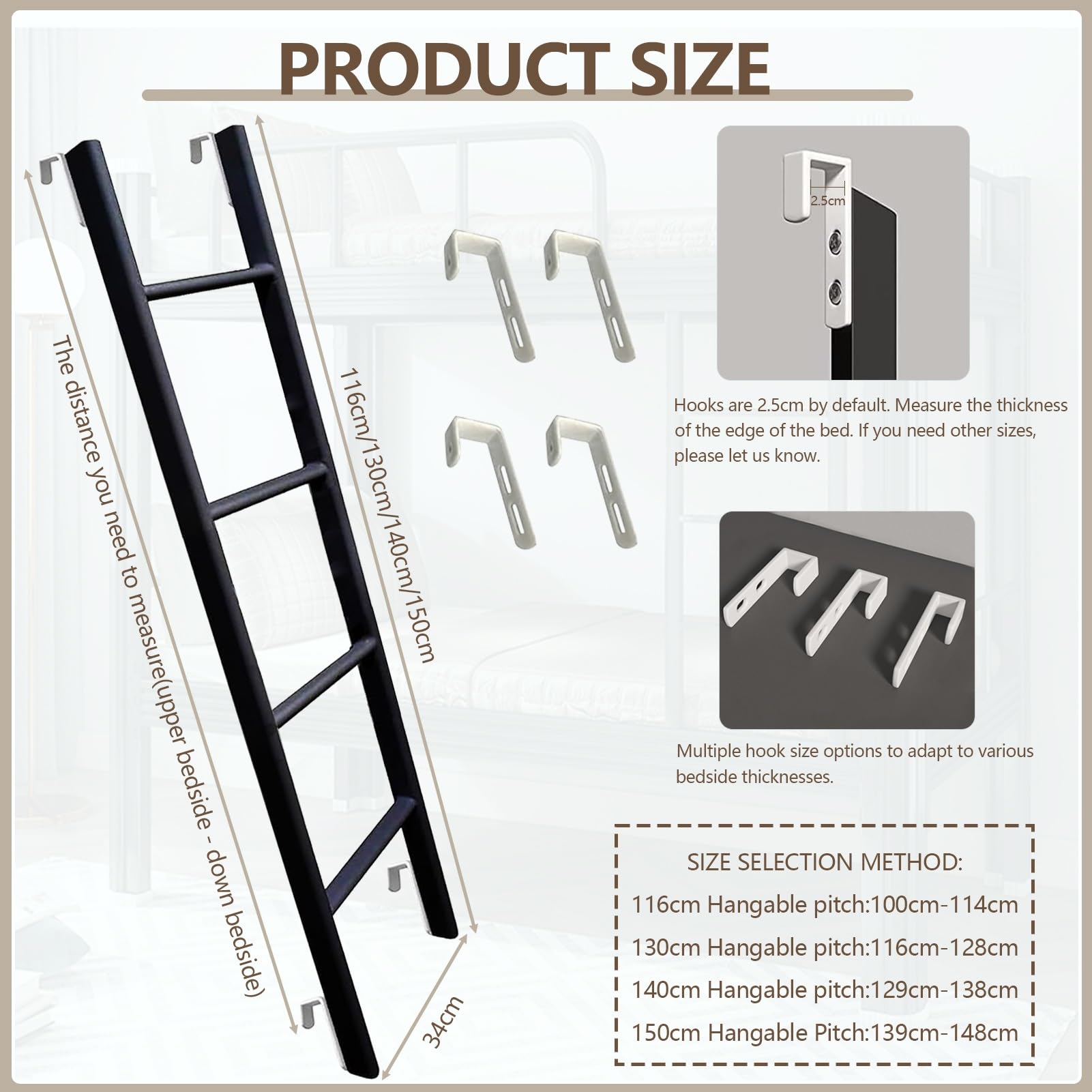 Etagenbettleiter Einhängeleiter, 45"/51"/55"/59" Metallbett-Ersatz-Schrägleiter, 4/5-Stufen-Etagenleiter für Wohnmobile, Universelle Wohnheim-Loft-Kletterleiter (Size : 140cm(55"))