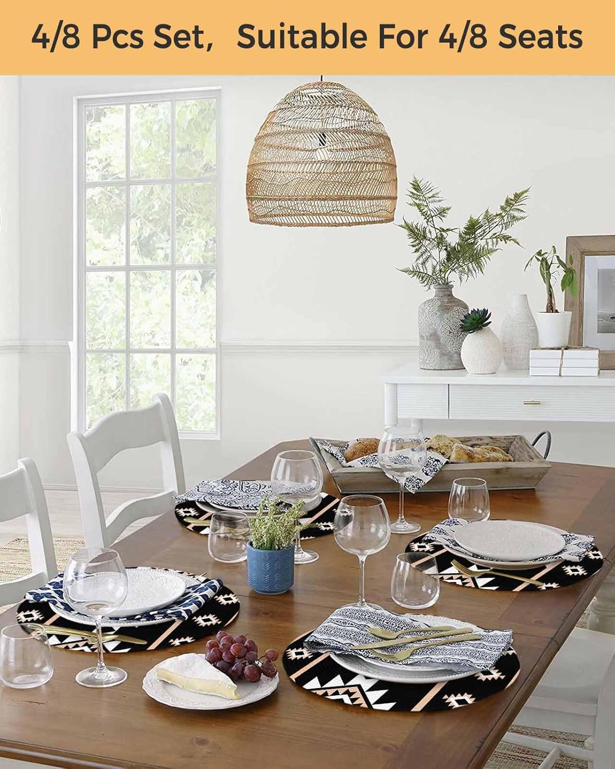 Round Placemats Set of 6 Black Aztec Place Mats Washable Woven Placemat Western Tribal Pattern Circle Braided Table Mat for Kitchen Dining Table Party Home Decor 15 Inch