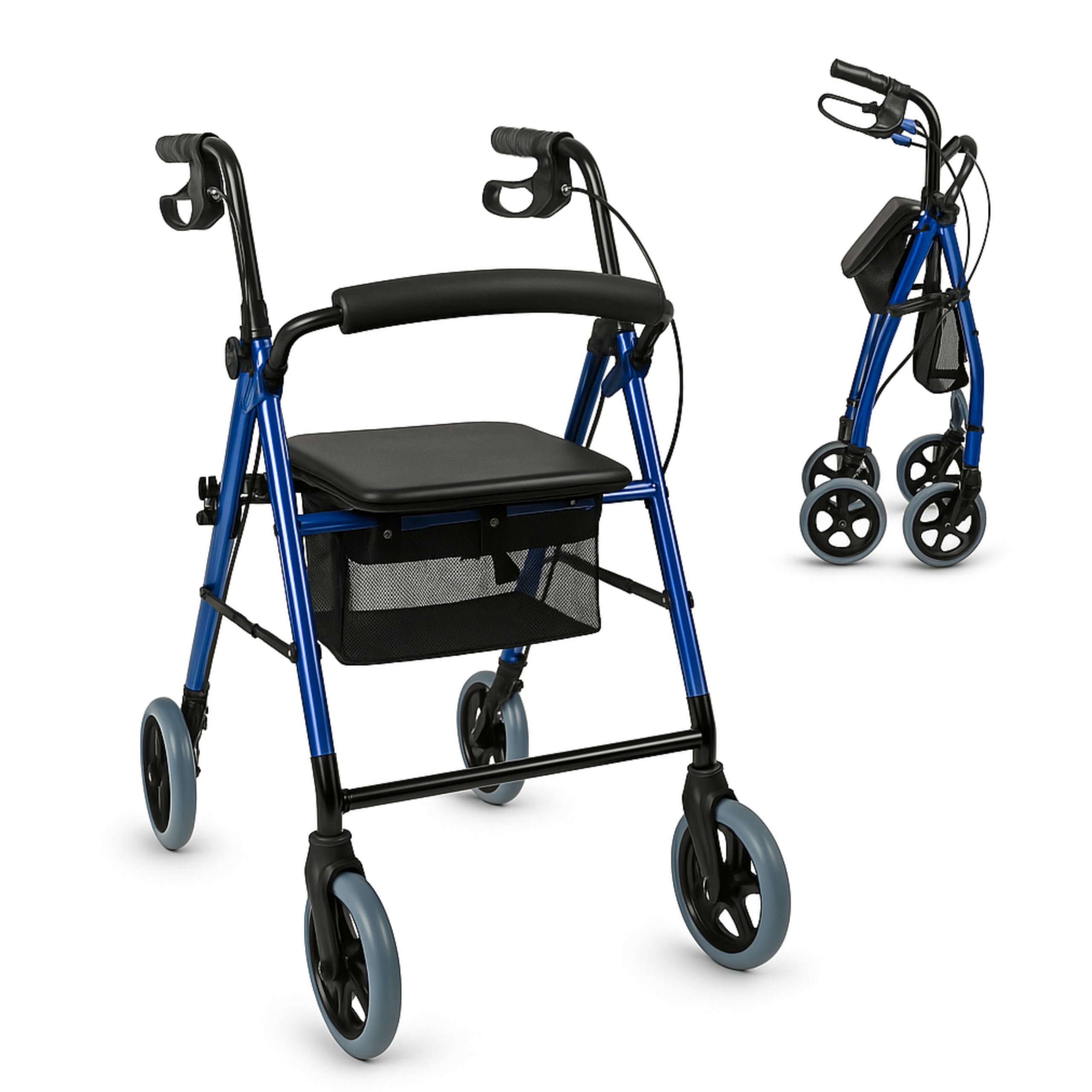 Mobiclinic®, Andador Plegable, Ligero, con Asiento y Cesta, Hércules, Frenos en Manetas, 4 Ruedas, Aluminio, Azul