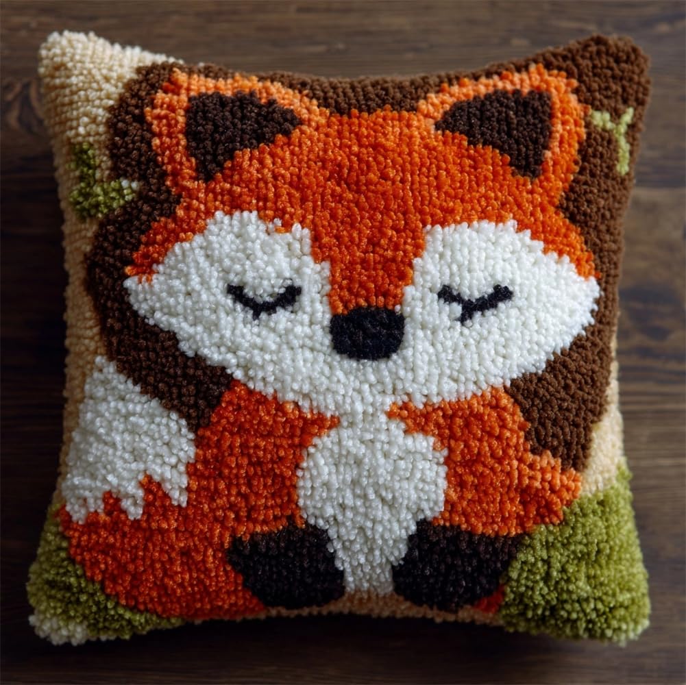 kitphoenix Latch Hook Kits, Latch Hook Kit for Beginners Fox Pattern Throw Pillow Cover Pattern Printed Sofa Cushion Crochet Needle for Carpet Embroidery 17X17Inch