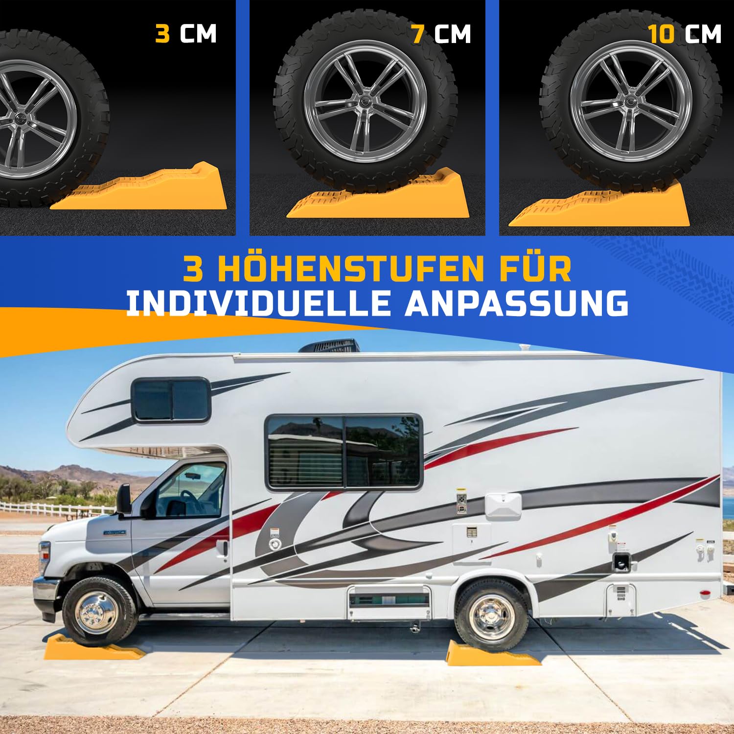 Set di 2 cunei di bilanciamento per roulotte, camper, roulotte, rimorchi, XL, 57 x 20 cm, fino a 5000 kg, gialle per ogni superficie
