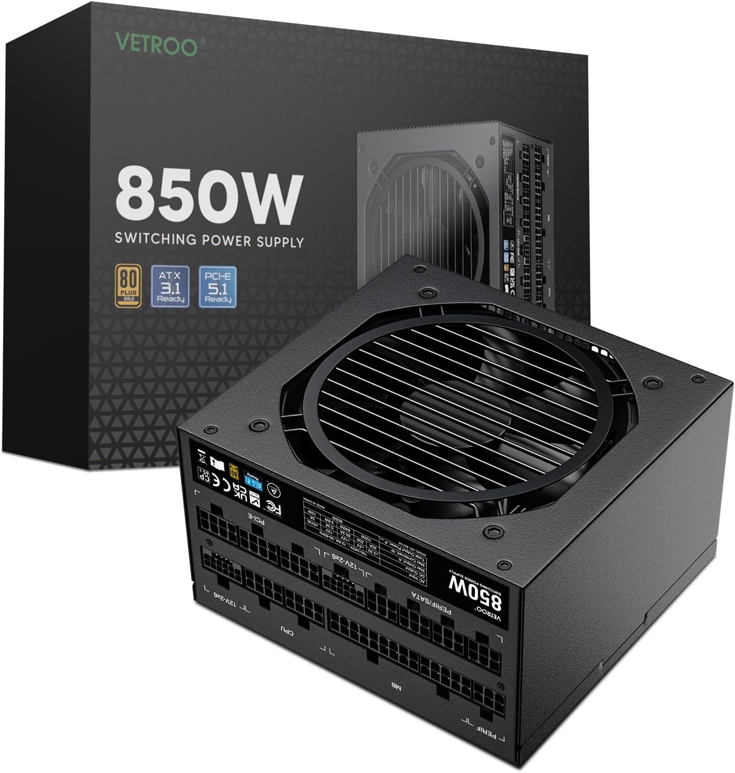 850W Power Supply Dual PCIe 5.1 ATX 3.1 Ready, 80 Plus Gold Full Modular, Quiet Operation with 120mm FDB Fan, 10-Year Warranty - Black