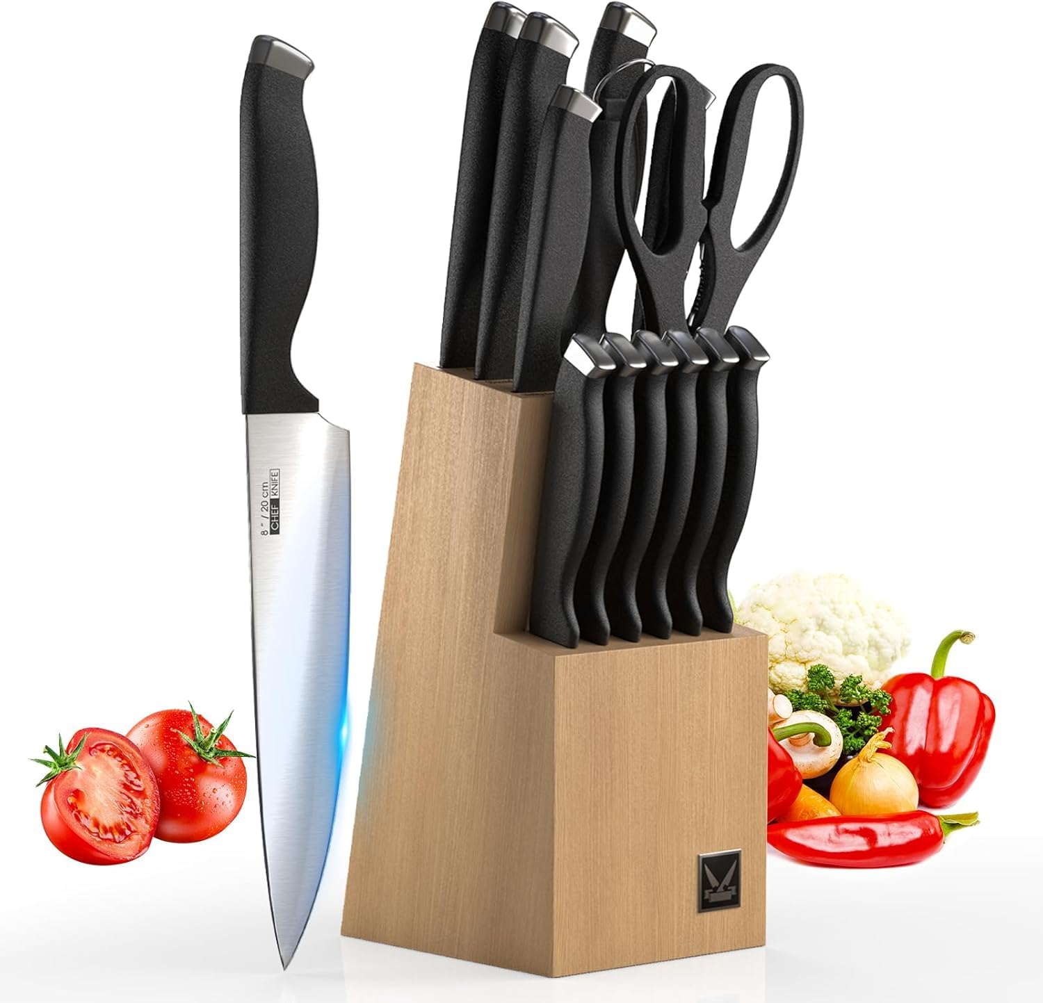Vvwgkpk Stainless Steel Knife Set 14 Pieces with Wooden Holder