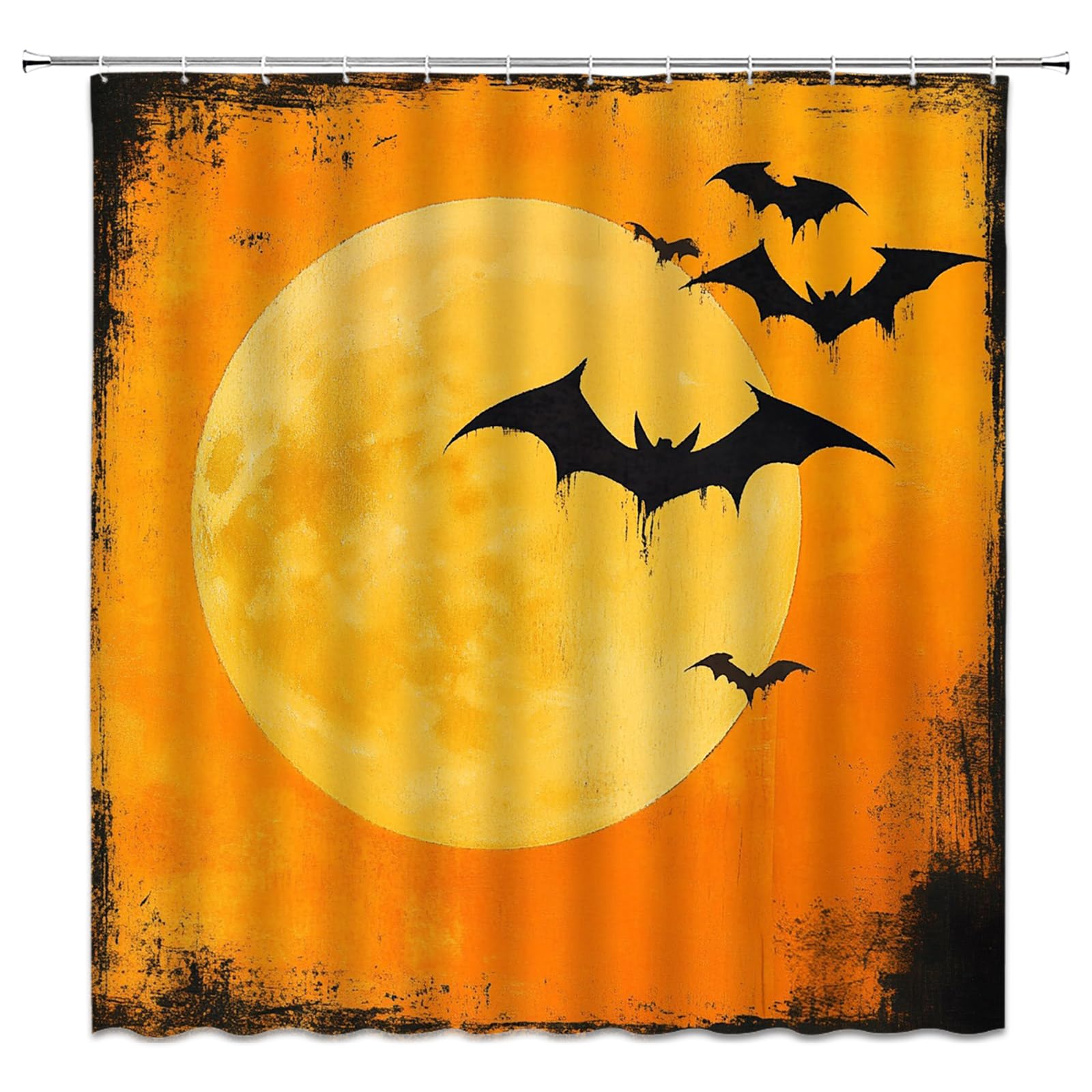 Orange Halloween Shower Curtain Bat Full Moon,70" WX70 H | Spooky Holiday Ambience Design,Polyester Fabric,Machine Washable,Including Hooks,Suitable for Home Motel Bathroom Decor