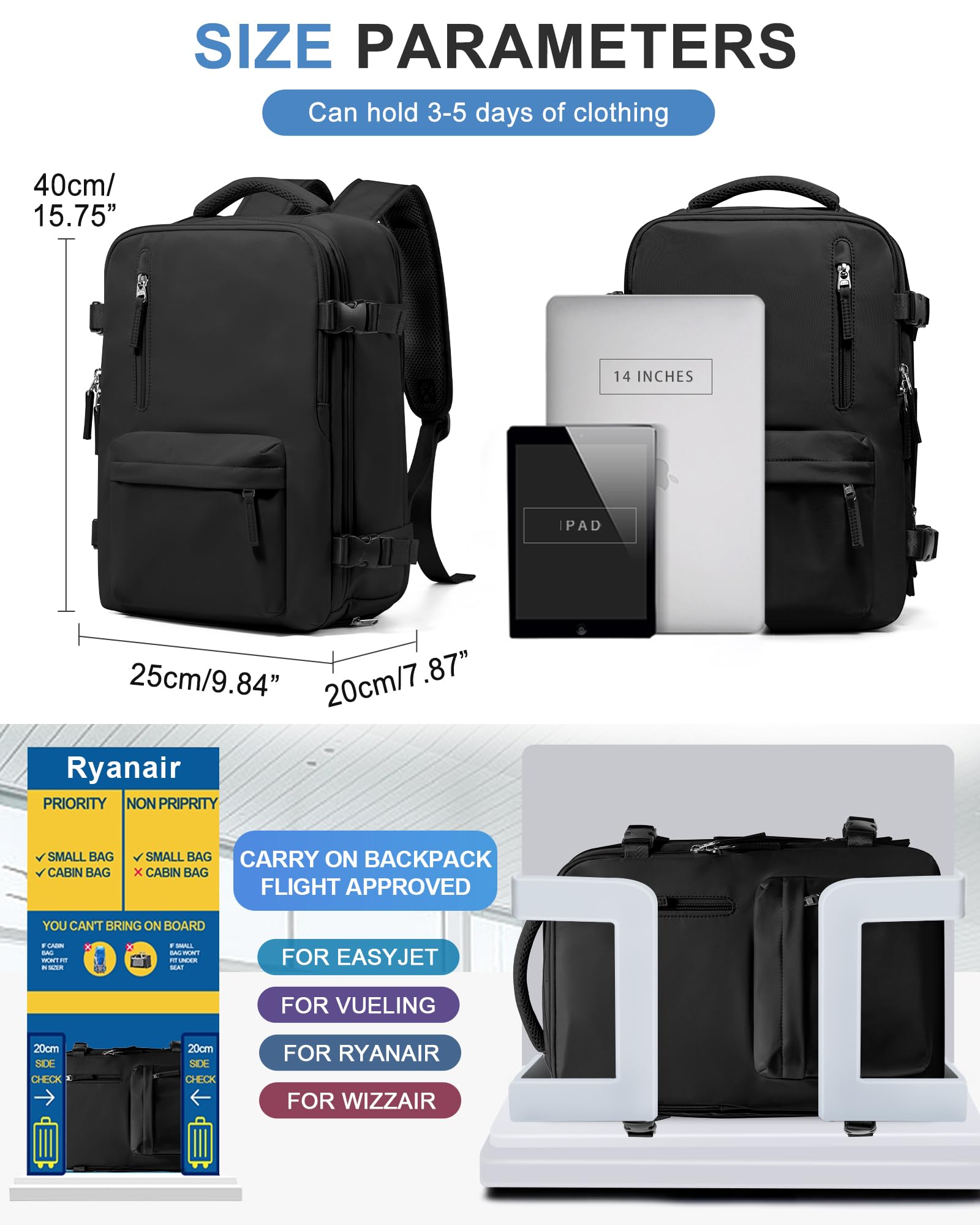 BJLFS Borse da Cabina per Ryanair 40×20×25 Zaino da Viaggio con Sottovuoto Bagaglio a Mano Easyjet 45×36×20,Zaino con sistema di compressione,Zaino Casual per laptop da 14 pollici per scuola