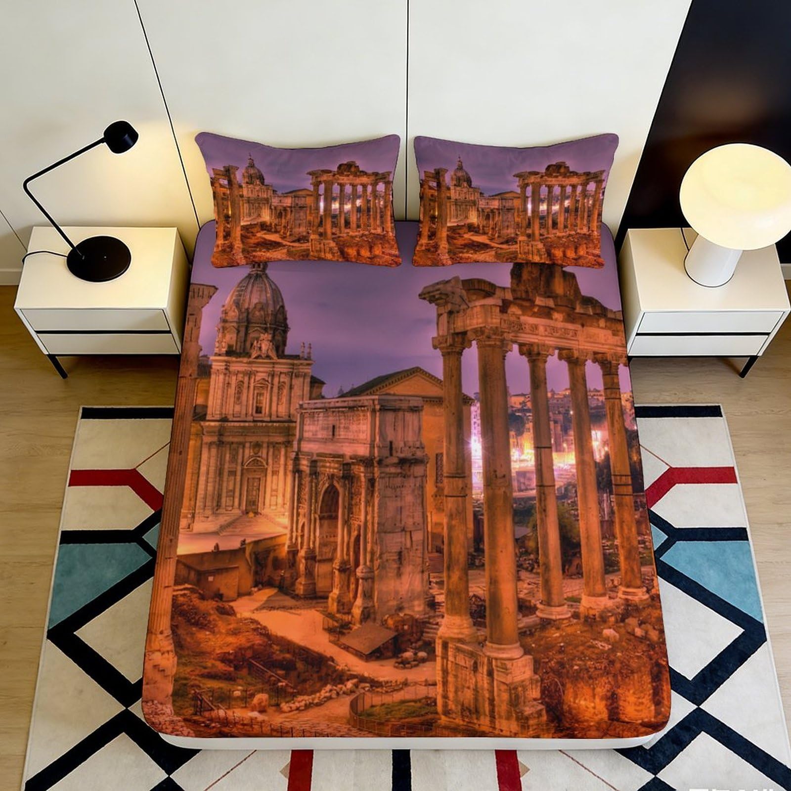 3D Printed Ancient Roman Ruins Fitted Sheet Microfiber Soft Breathable Classical Architecture Bed Cover for Bedroom Dorm Apartment Decor 90x200x25cm