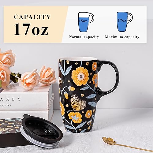 Miniatura 4 de Taza de café de viaje de cerámica con tapa para el hogar y la oficina, taza de té grande de porcelana de 17 onzas con mango de arte floral en caja