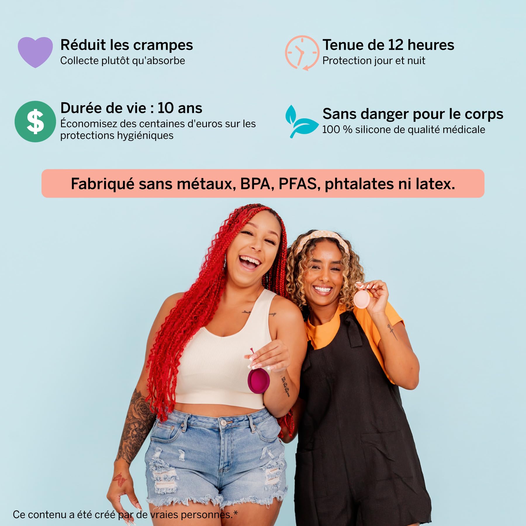 2 disques menstruels réutilisables en silicone médical 100% – Sans métaux ni toxines – Classés n° 1 pour leur souplesse – S’insèrent/retirent comme un tampon – 12 h de port – Capacité 5 et 7 tampons