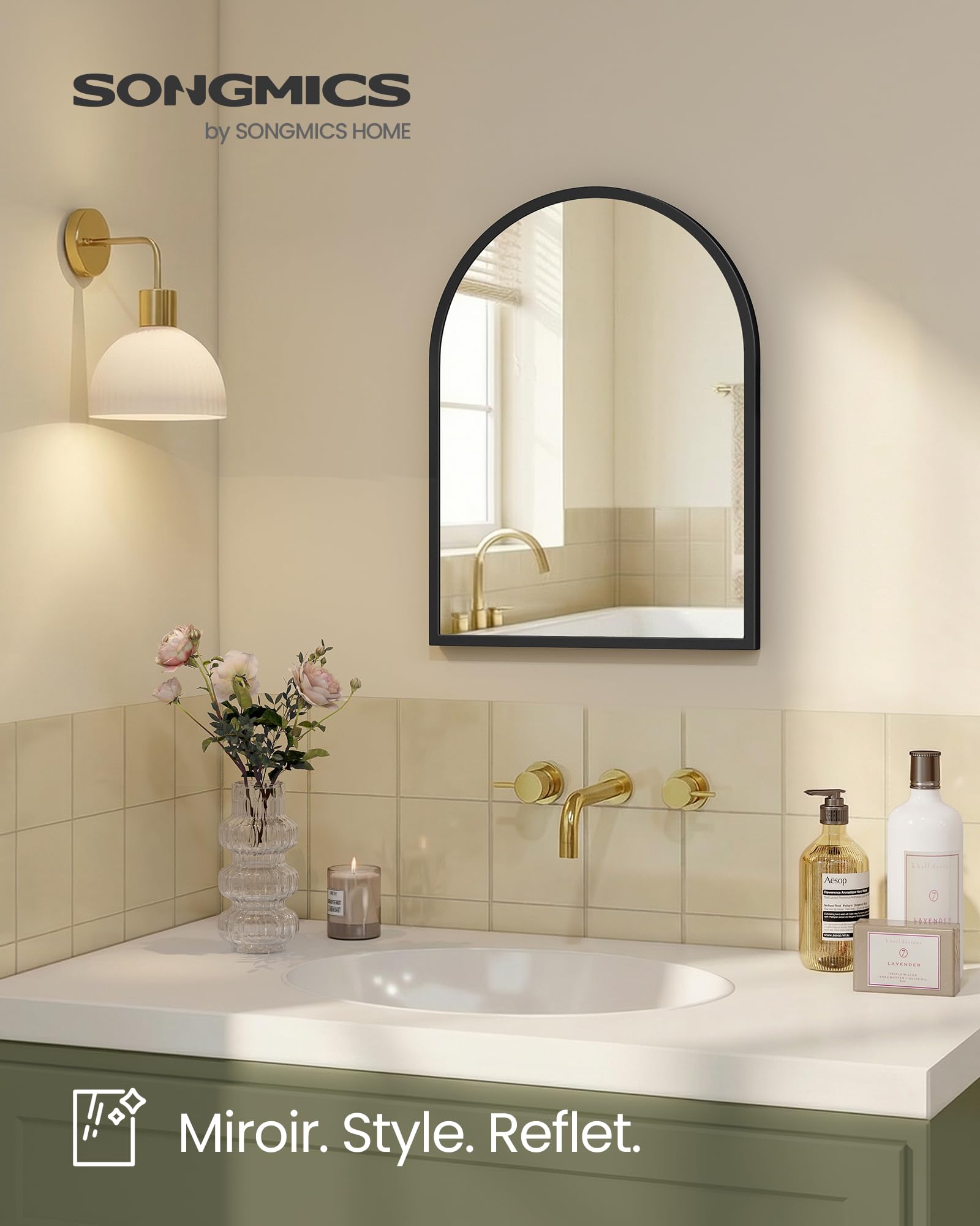 SONGMICS Miroir Salle de Bain, Miroir Mural Arqué, Cadre en Aluminium, 40 x 30 cm, avec Film de Sécurité, Montage Facile, pour Salon, Chambre, Salle de Bain, Noir d'encre LWM013BD01