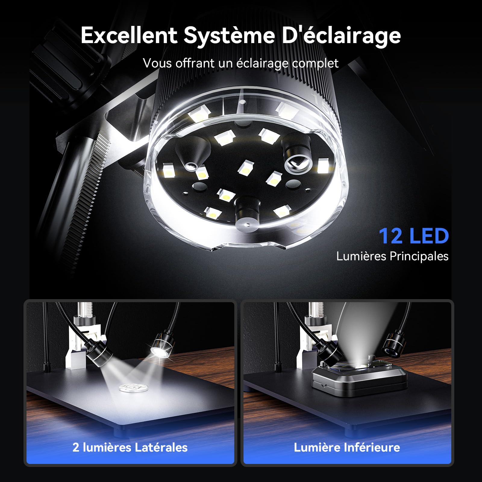 TOMLOV TriL110 3 lentilles Microscope numérique 2K, 2500X Loupe pour pièces entières avec écran IPS 10,1", Cadeau pour Adultes/Enfants, 14 lumières LED, Compatible PC/TV, 64 Go