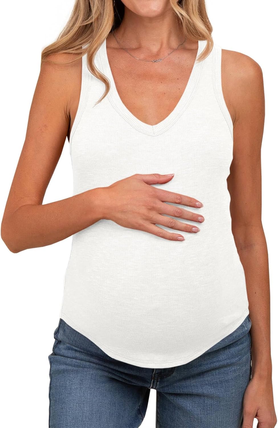 Tankaneo Womens Maternity Tank Tops Sleeveless V Neck Ribbed Knit Shirts Fitted Summer Casual Curved Hem Pregnancy Clothes