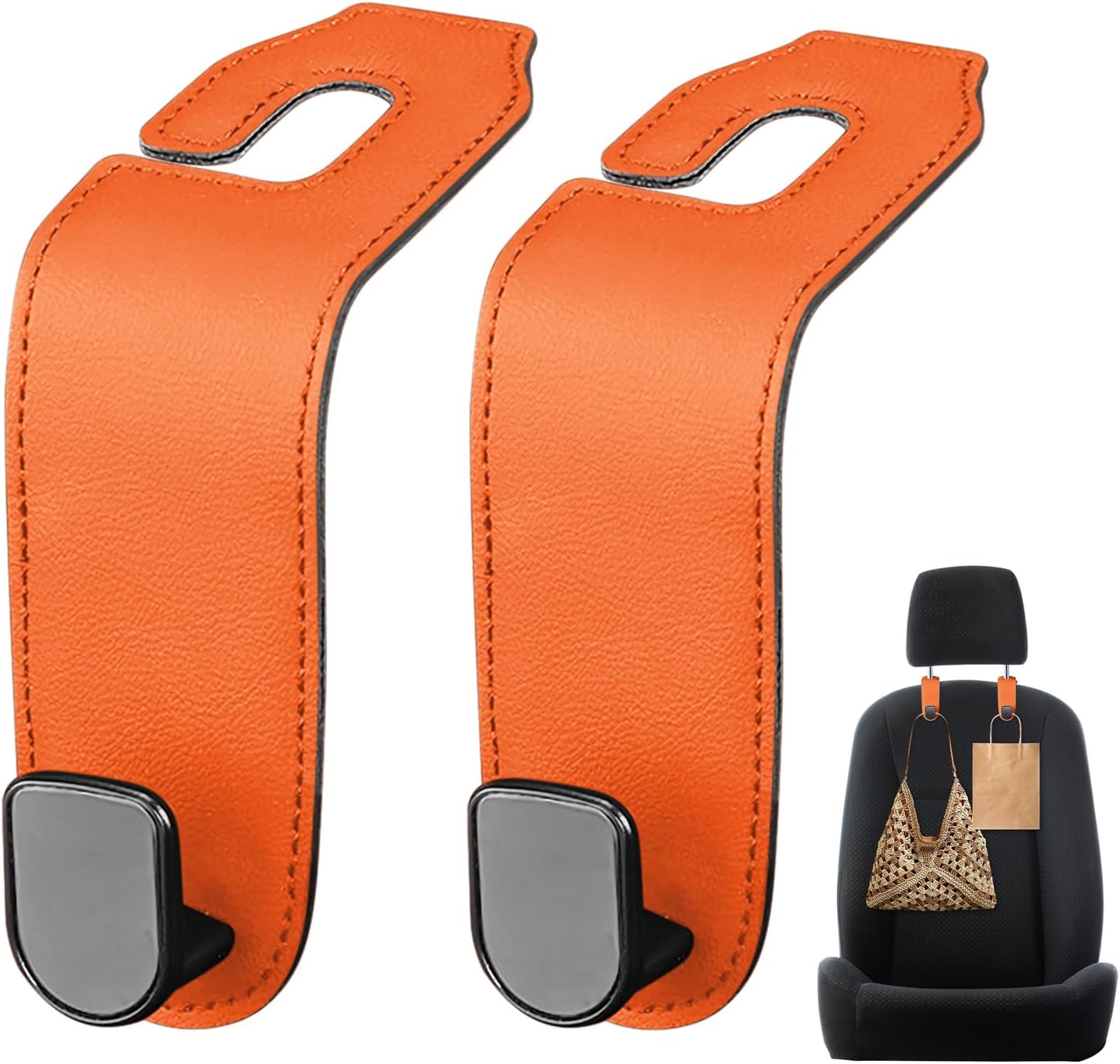 2 Pack Car Seat Back Storage Hook,PU Leather Car Seat Headrest Hook for Car Handbag Clothes (Orange)