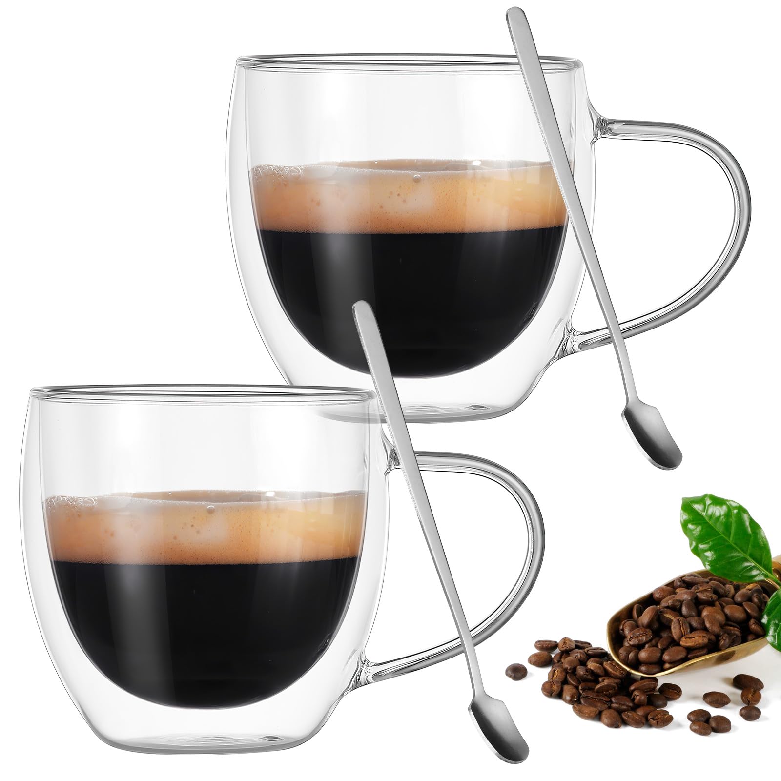 CONPCONP Double Walled Coffee Glasses Mugs, 2 PCS 250ml Cappuccino Latte Macchiato Glasses Cups Heat Resistant Coffee Cups with Handle for Coffee Tea Milk Juice Ice Cream