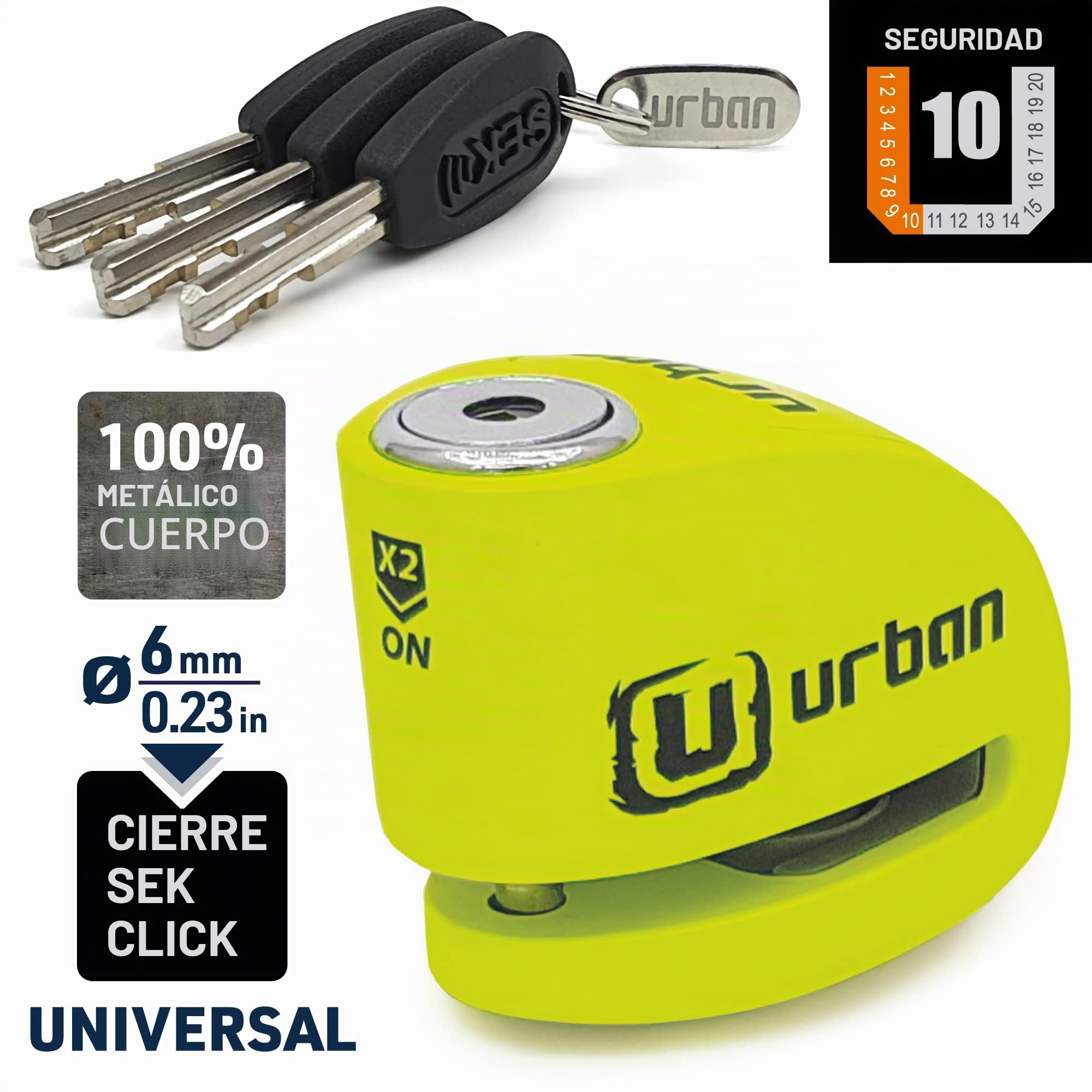 Urban UR906X Candado Moto Disco Alarma 120dB Hi-Tech X2 ON, Remplazable Impermeable, Pila CR2, Cable Recordatorio, Antirrobo Pinza Freno 6mm Universal para Motos Scooter Bicicleta Electrica Patinete