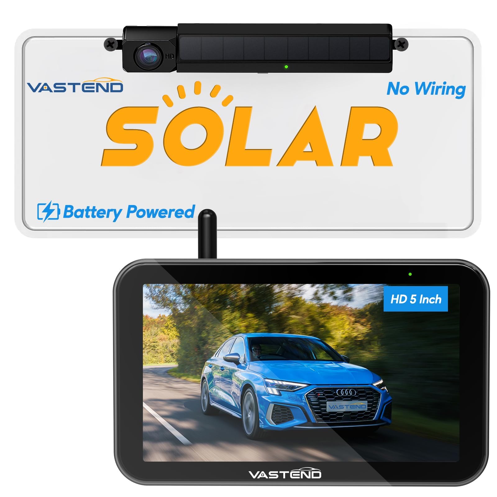 VASTEND Solar Wireless Backup Camera System (1080P) with 5" Monitor and 3-Minute DIY Install