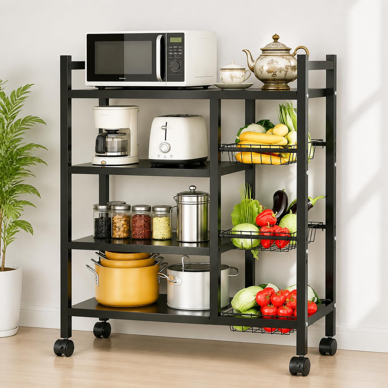 COMFYHOME Kitchen Organizer Rack Shelf with Wheels - Adjustable 4-Tier Microwave Stand with Storage Shelves, Storage Rack with 3 Wire Baskets, Microwave Stand, Metal Kitchen Cart for Pantry-picture-26