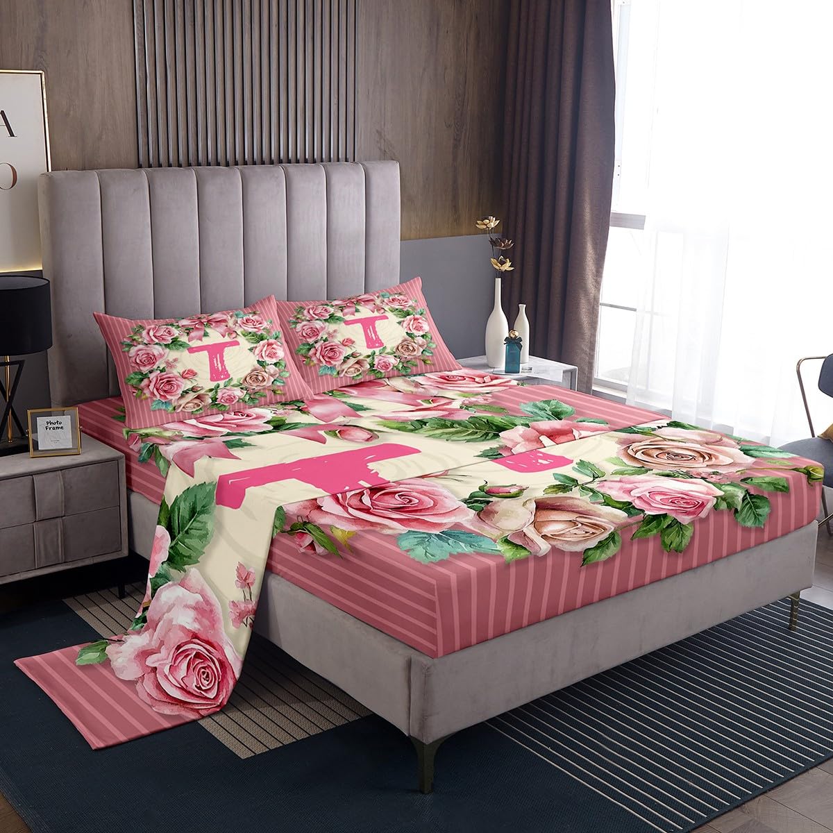 Homewish Juego de sábanas florales con lazo doble, diseño romántico de madera, romántico, personalizable, con letras T, cálido y suave, 4 piezas