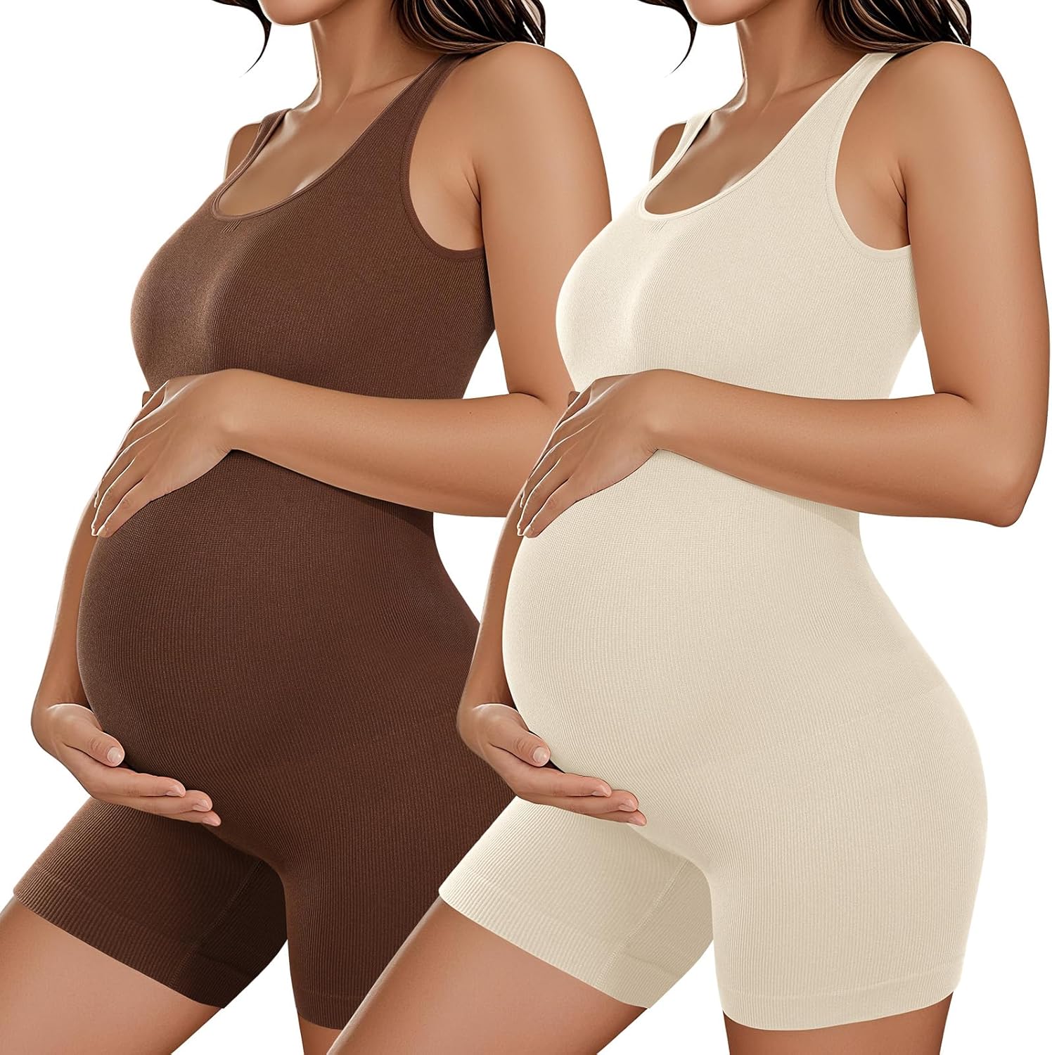 Coume 2 Pcs Women Maternity Bodysuit Pregnancy Shapewear Sleeveless Tank Top Shorts Jumpsuit Ribbed Maternity Workout Romper