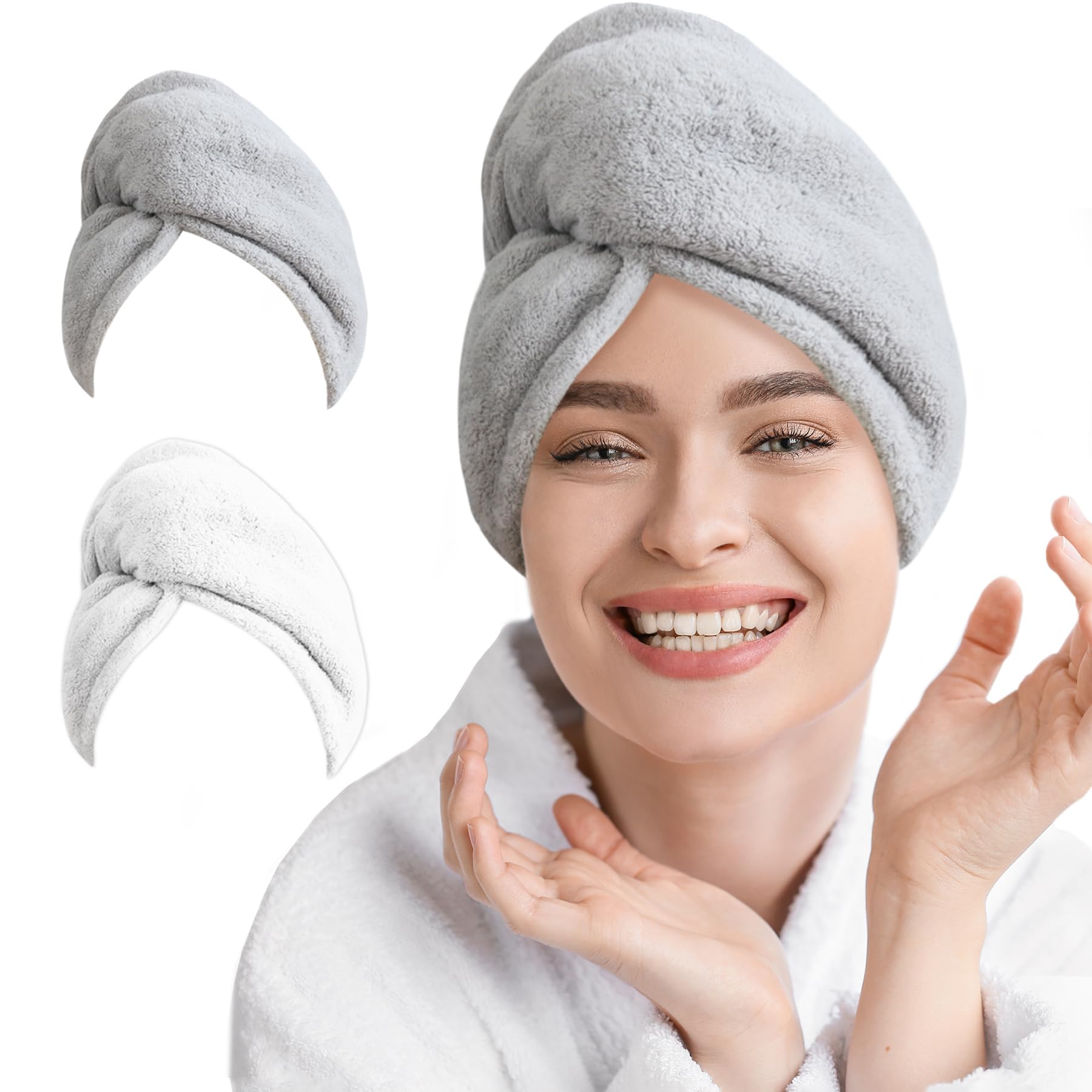 AGLIFEFY2 Pack Microfiber Hair Towel Wrap for Women Super Absorbent Quick Dry Hair Turban for Drying Curly, Long & Thick Hair 10 inch X 26 inch Lightgrey+White
