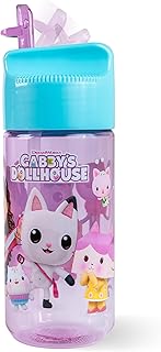 p:os Gabby's Dollhouse Botella para niños de 430 ml, con pajita, botella pequeña perfecta para guardería, parque infantil o casa, para niñas, color lila