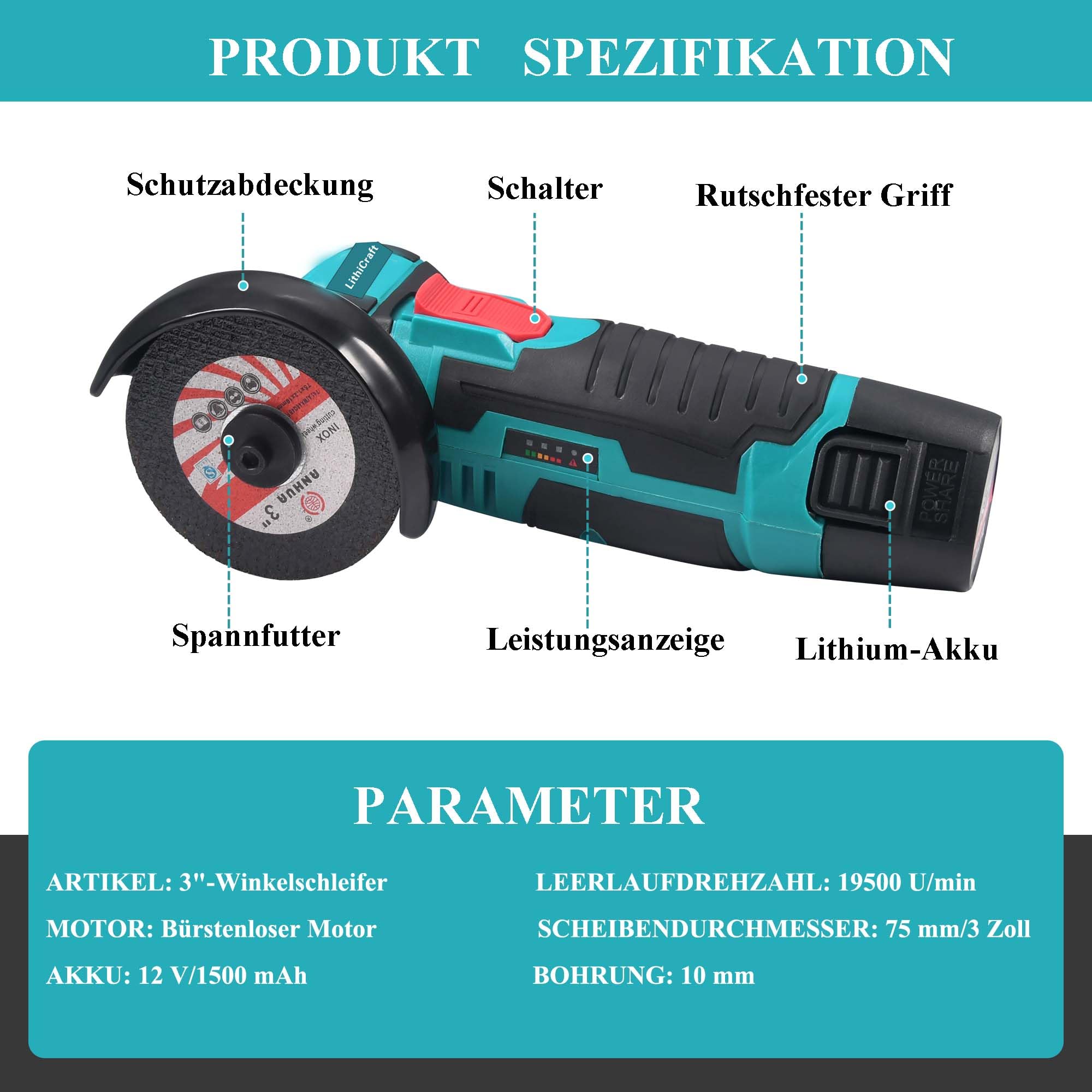 Mini Akku Winkelschleifer 12V, 76mm (3 Zoll) Bürstenloser Trennschleifer mit 2x 1500mAh Akku & 8 Scheiben, 19500 U/min Kabelloser Schneider, Elektrischer Multischleifer für Metall, Holz & Fliesen