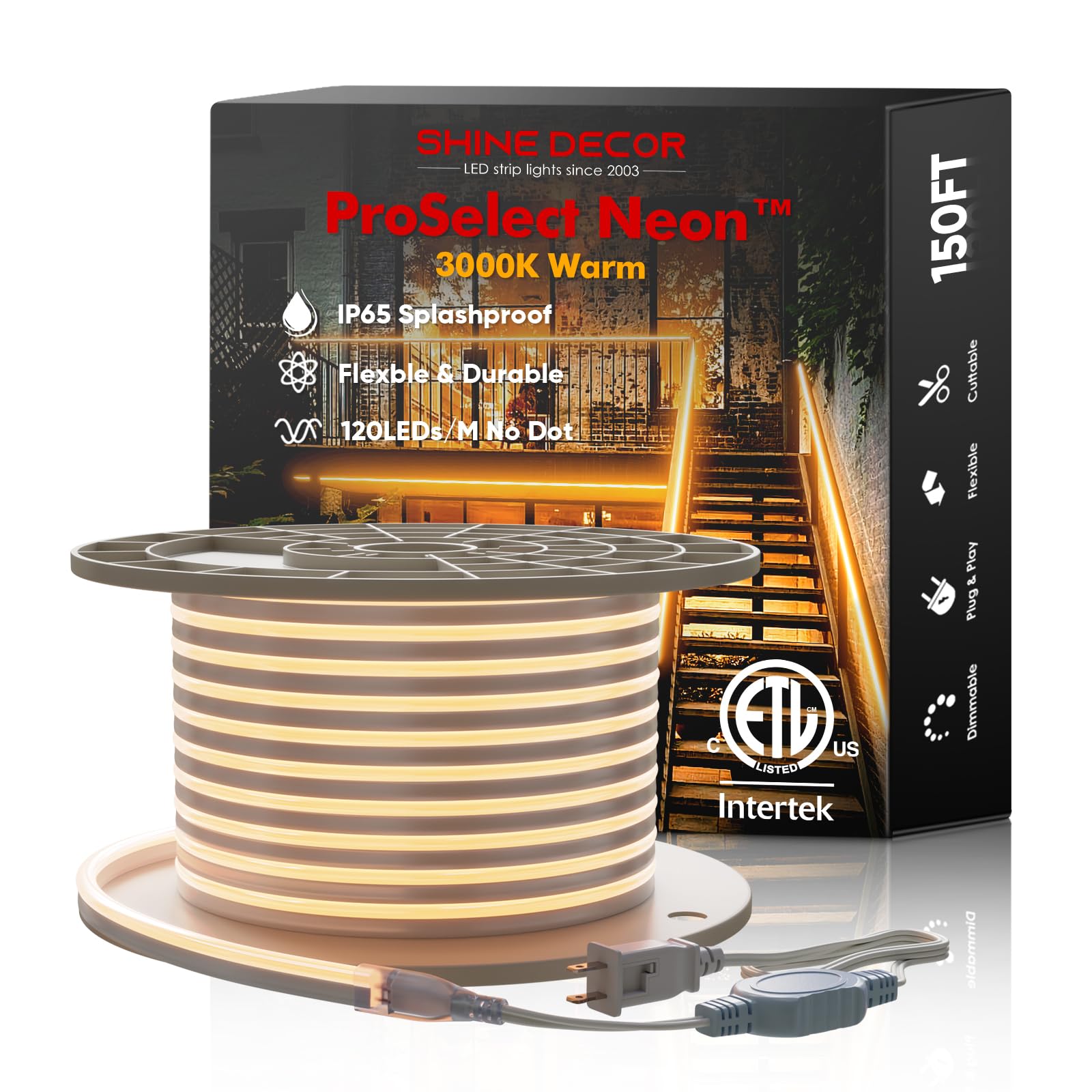 Shine Decor LED Neon Rope Lights AC 120V, ETL-Listed Flexible 120LEDs/M Dotless Strip Lighting, Custom Cuttable & IP65 Waterproof for Indoor Outdoor,