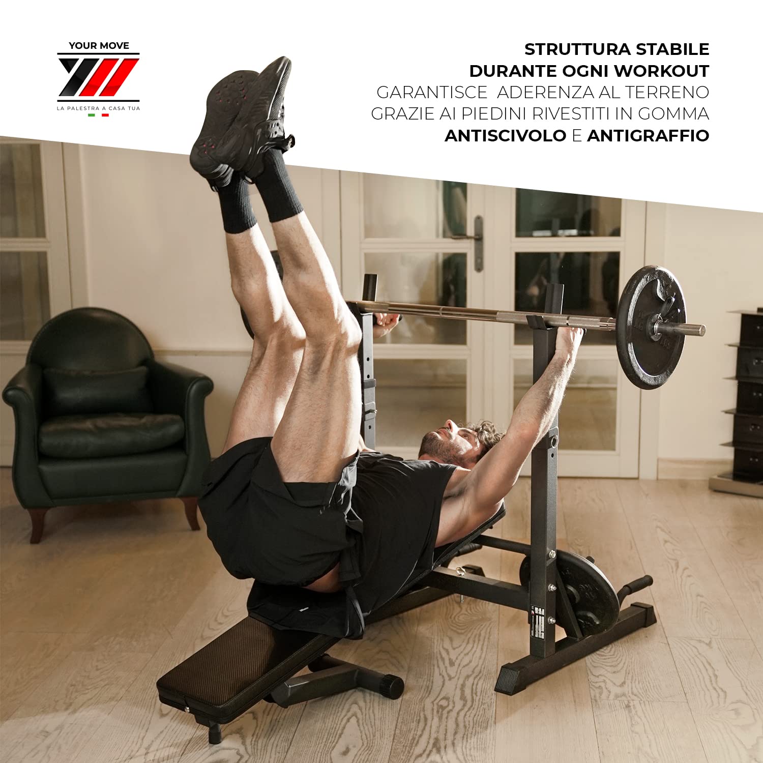 YM Bench Weight, Panca Sollevamento Pesi Professionale Regolabile con Porta Bilanciere, Acciaio Inossidabile, Verniciatura a Sabbia, Morbidi Cuscini in Schiuma in Similpelle, Schienale Inclinabile