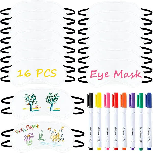 16 PCS Eye Mask Sleepover Party Supplies, Sleep Mask White Blindfold Slumber Eye Covering with Nose Pad Fabric Marker with 8 Colors for The Party Game