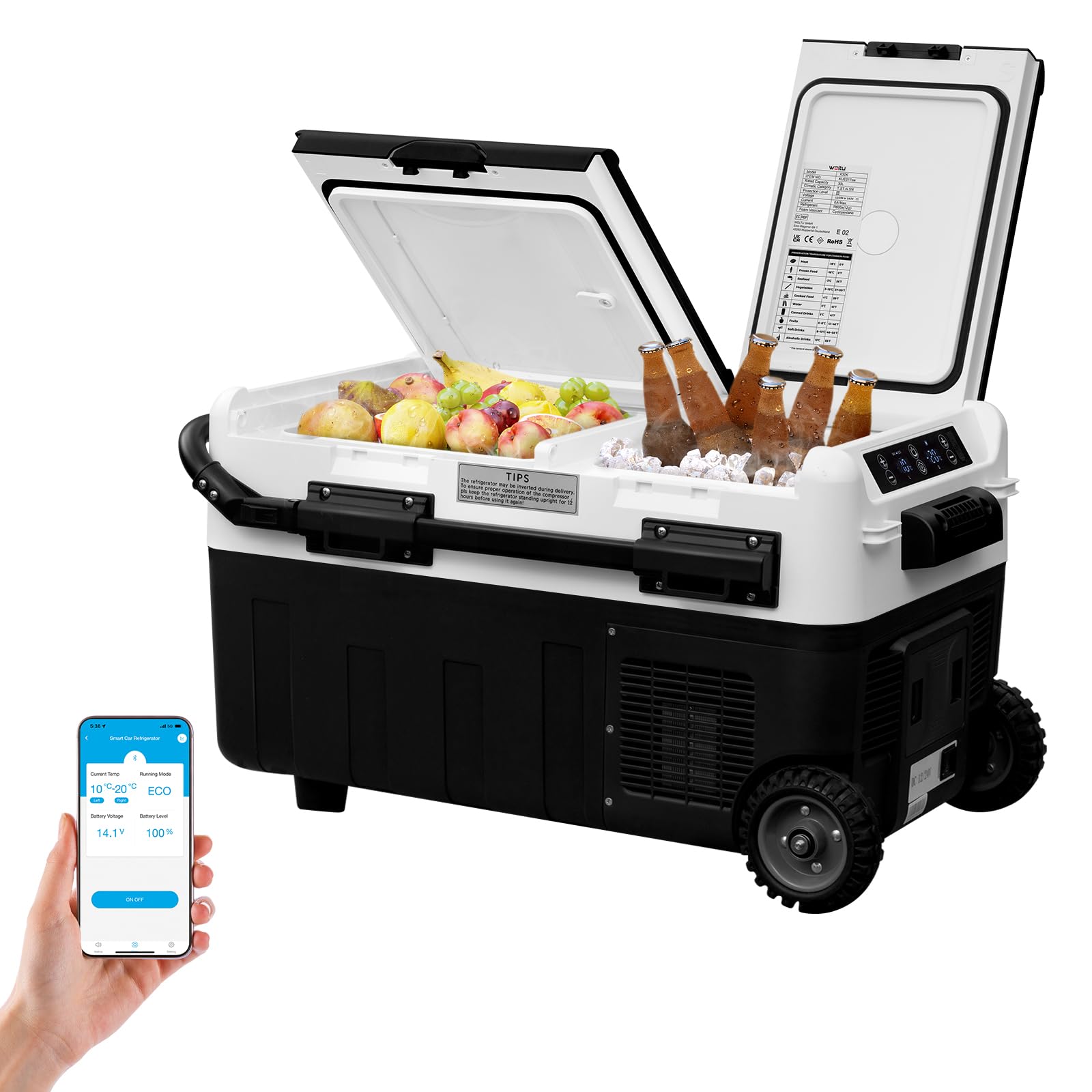 WOLTU Nevera Eléctrica para Coche 30L, Refrigerador Portátil Modo Eco, Congelador de Compresor DC 12/24 V, Mini Nevera Portátil para Camping, Viaje, Coche, Barco, Negro+Blanco