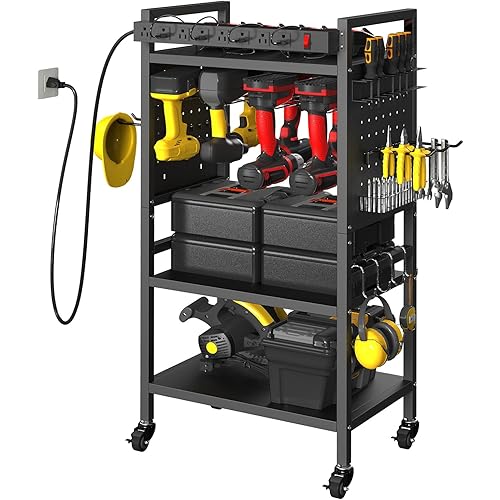 Power Tool Organizer Cart with Charging Station, 4-Tier Rolling Tool Cart for Garage Storage,Heavy-Duty Floor-Standing Storage Rack with 8-Outlet Power Strip,Supports 500 lbs