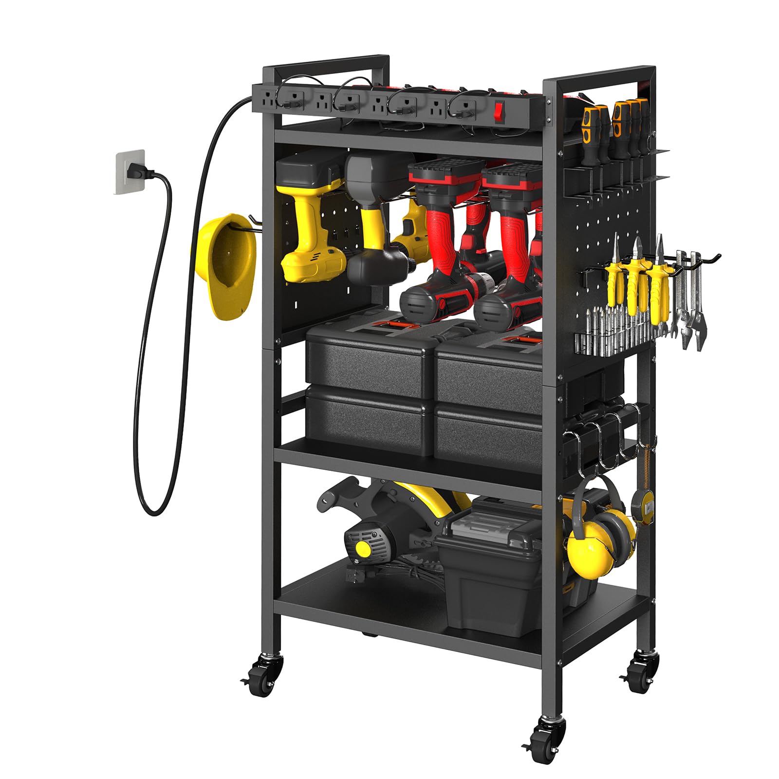 zsttion Power Tool Organizer Cart with Charging Station, 4-Tier Rolling Tool Cart for Garage Storage,Heavy-Duty Floor-Standing Storage Rack with 8-
